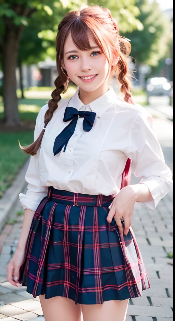 Stand in the classroom of school２fashi-girl,red tie uniform,Dark Blue Closed Blazer,Blue plaid mini skirt,18-year-old,bangs,a little smile,thighs,knees,from below，random pose，pretty girl，slender girl，white panties，blonde with short cut，Side waves with a short cut，