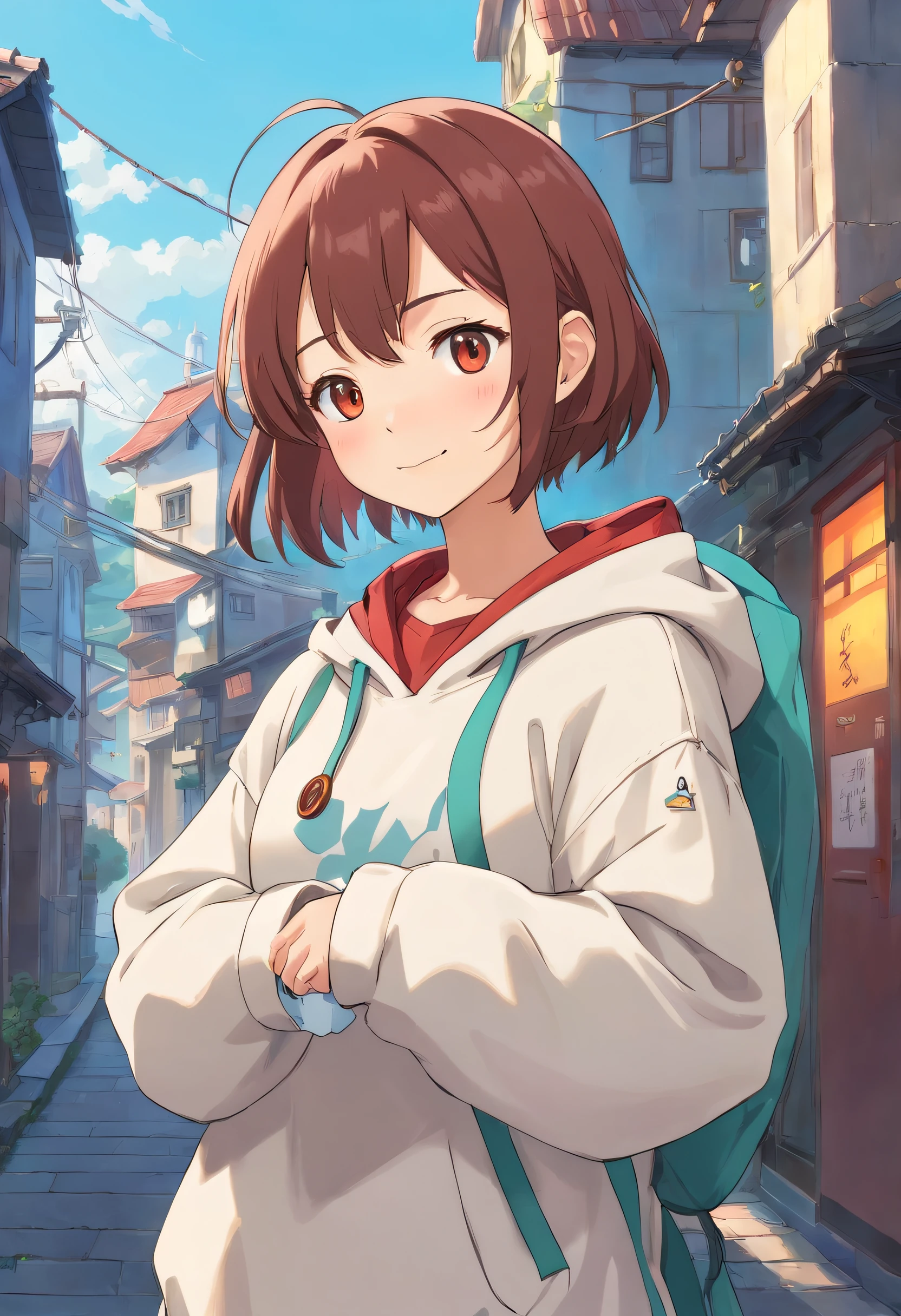 master work, best qualtiy, detaileds, yui, 超A high resolution, 1girl in, cityscapes, depth of fields, low, Pose Seductive, Chest curtain, gloves, smiling, careful, compassionate, interact, Friendly, The warm, short-haired, medium breasts, Beautiful brown eyes, décolleté, perspiring, Redness, hard breathing, Urban clothing, Hoodie, surgical mask, Medical gloves