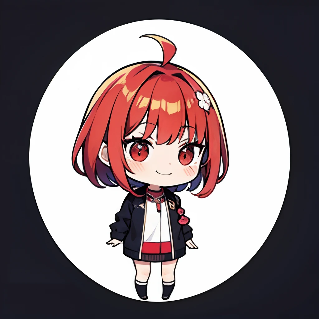 超A high resolution, Best aesthetic, Top quality depiction of the foot, Put on a jacket, Has red hair, red eyes, Flat Avatar, Anime visuals of cute girls, Cute art style, Chibi, Shorthair, Ahoge, is shy, A smile, Peony hair ornament,drawing on paper, simple background, 耳环, jewely, side locks, large oval eyes,