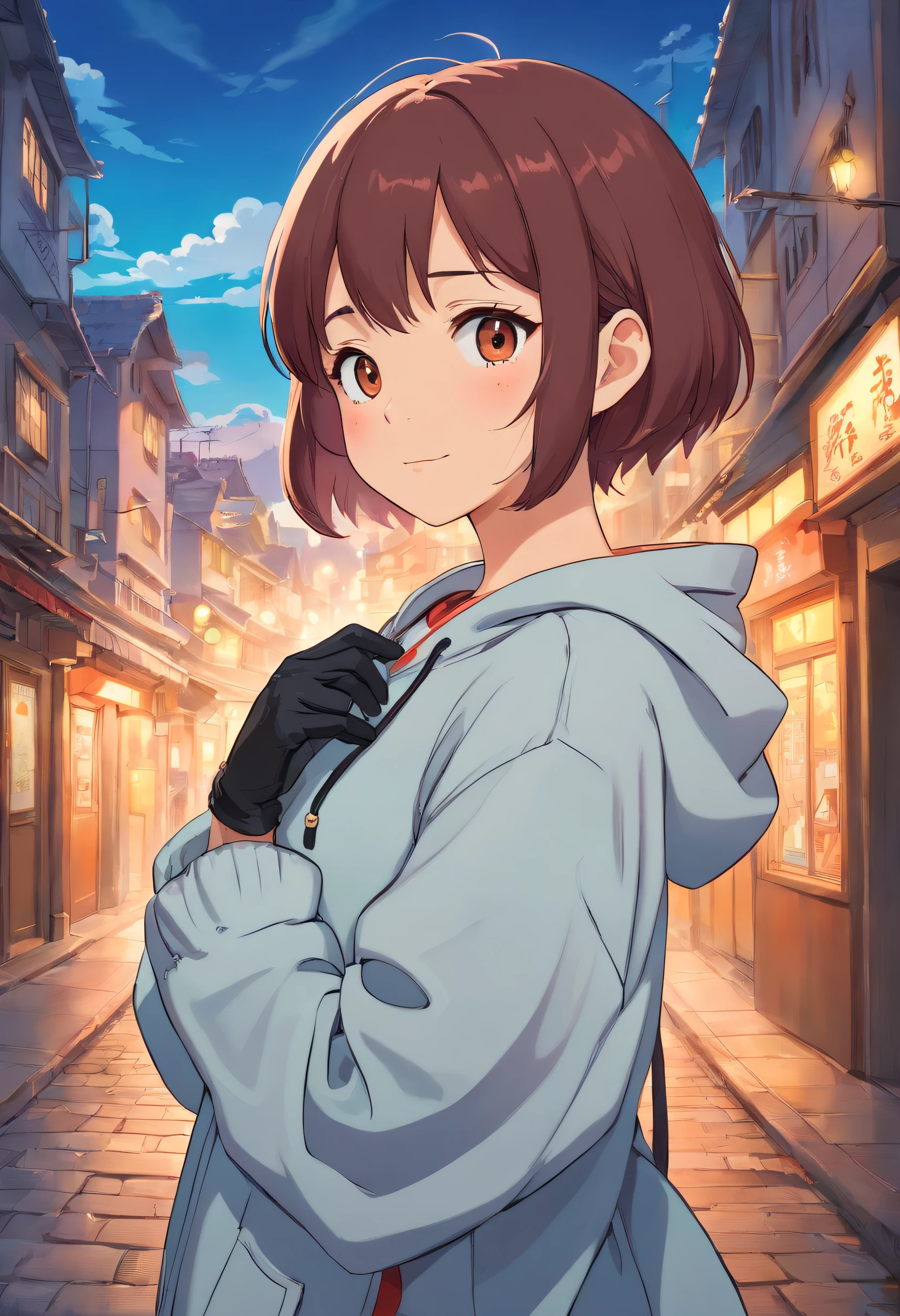 master work, best qualtiy, detaileds, yui, 超A high resolution, 1girl in, cityscapes, depth of fields, low, Pose Seductive, Chest curtain, gloves, smiling, careful, compassionate, interact, Friendly, The warm, short-haired, medium breasts, Beautiful brown eyes, décolleté, perspiring, Redness, hard breathing, Urban clothing, Hoodie, surgical mask, Medical gloves