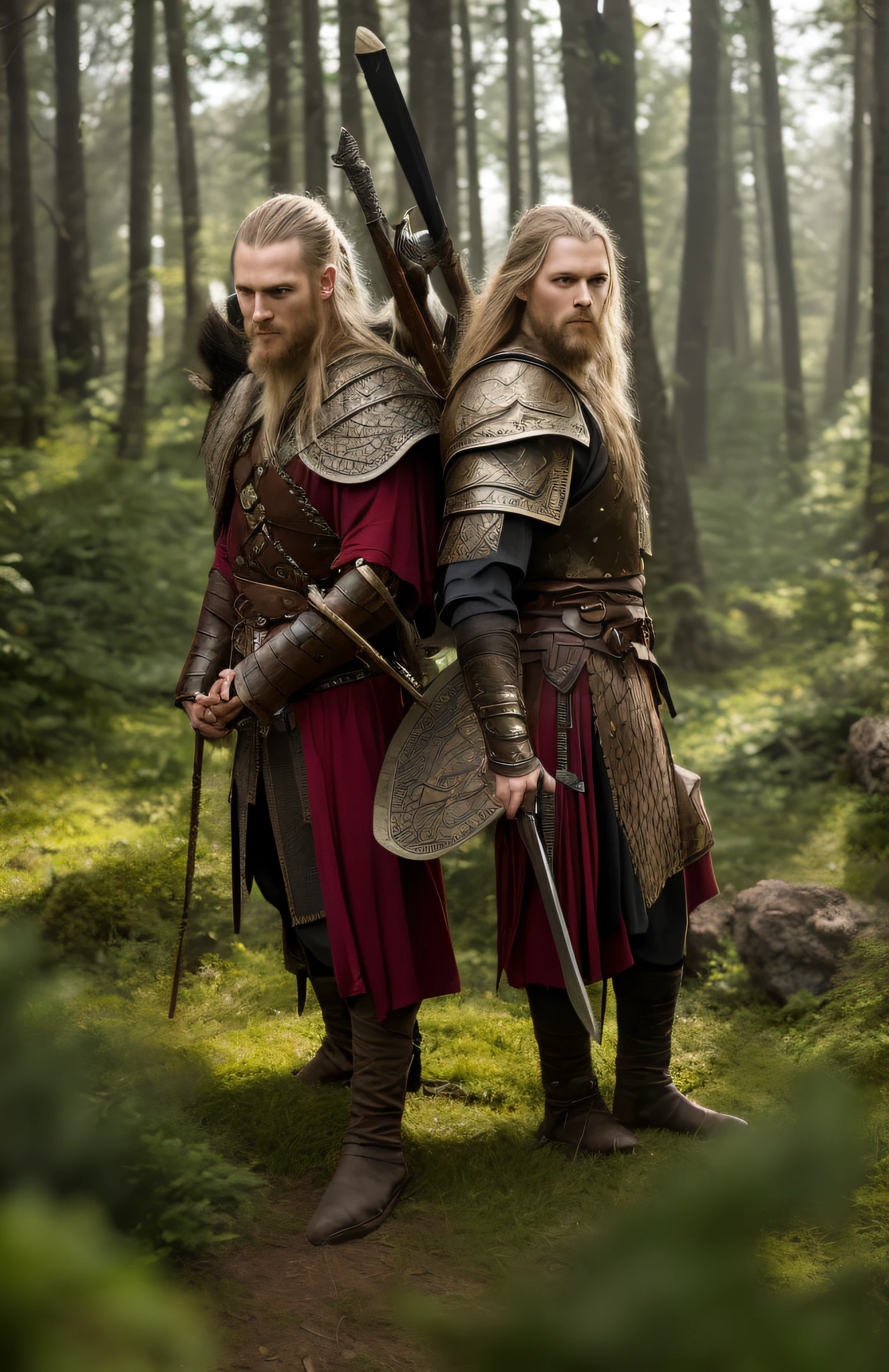 There are two men dressed in armor standing in the forest, viking and templar aesthetics, wearing ancient cimmerian armor, Anato Finnstark e Kelogsloops, fantasia medieval, wearing norse armor, armadura viking, Petros e Leonid, an epic fantasy, traje medieval, medieval!!, medieval, Tuomas Korpi e Wlop, usando roupas vikings