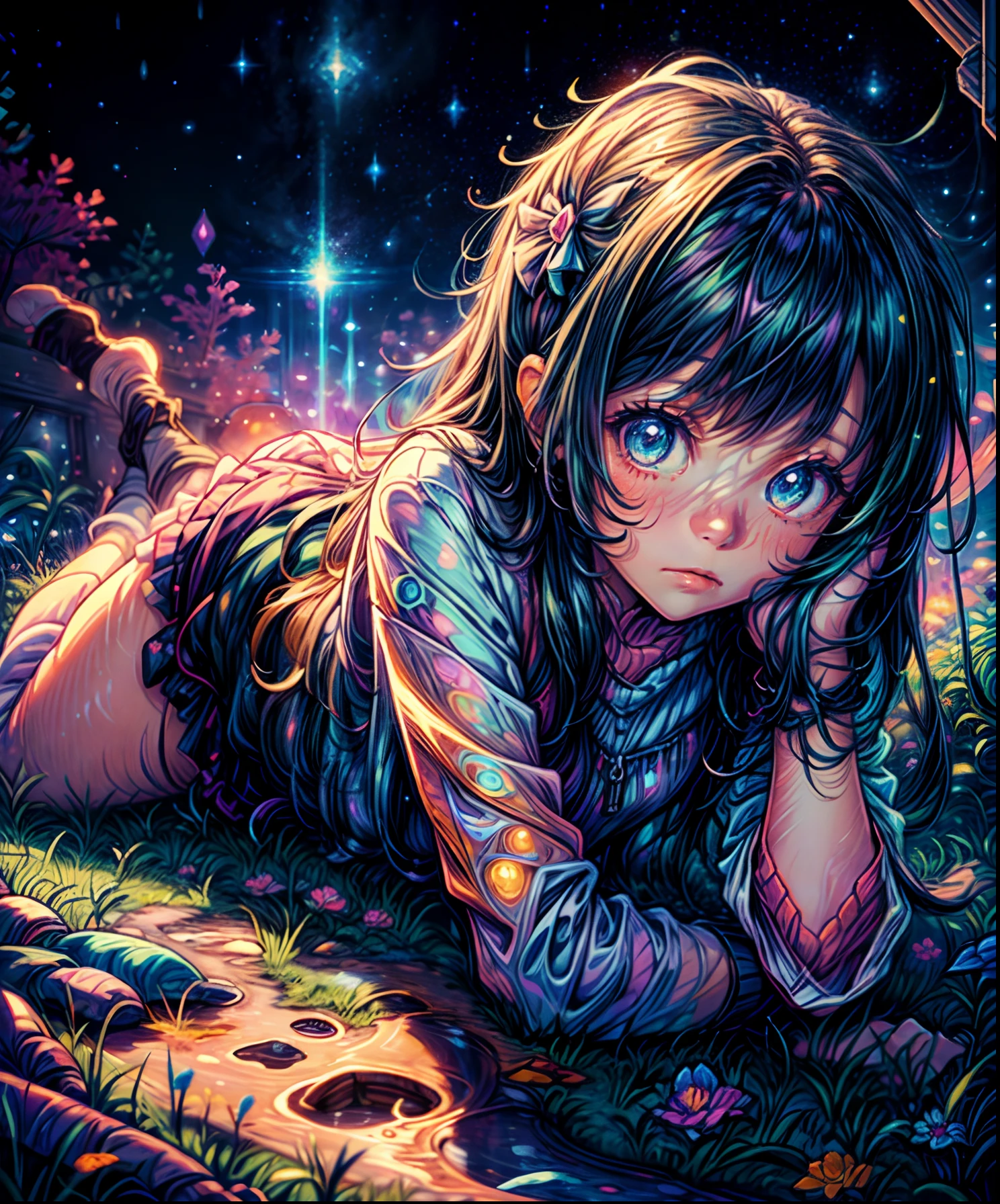 Describe a scene where a cute girl character is lying on a grassy hill, Looking up at the starry sky. Surround her with colorful nebulae and her favorite constellations.