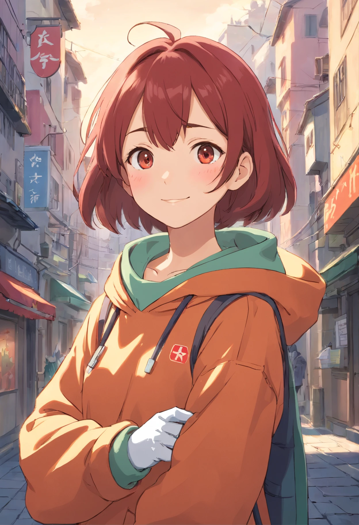 master work, best qualtiy, detaileds, yui, 超A high resolution, 1girl in, cityscapes, depth of fields, low, Pose Seductive, Chest curtain, gloves, smiling, careful, compassionate, interact, Friendly, The warm, short-haired, medium breasts, Beautiful brown eyes, décolleté, perspiring, Redness, hard breathing, Urban clothing, Hoodie, surgical mask, Medical gloves