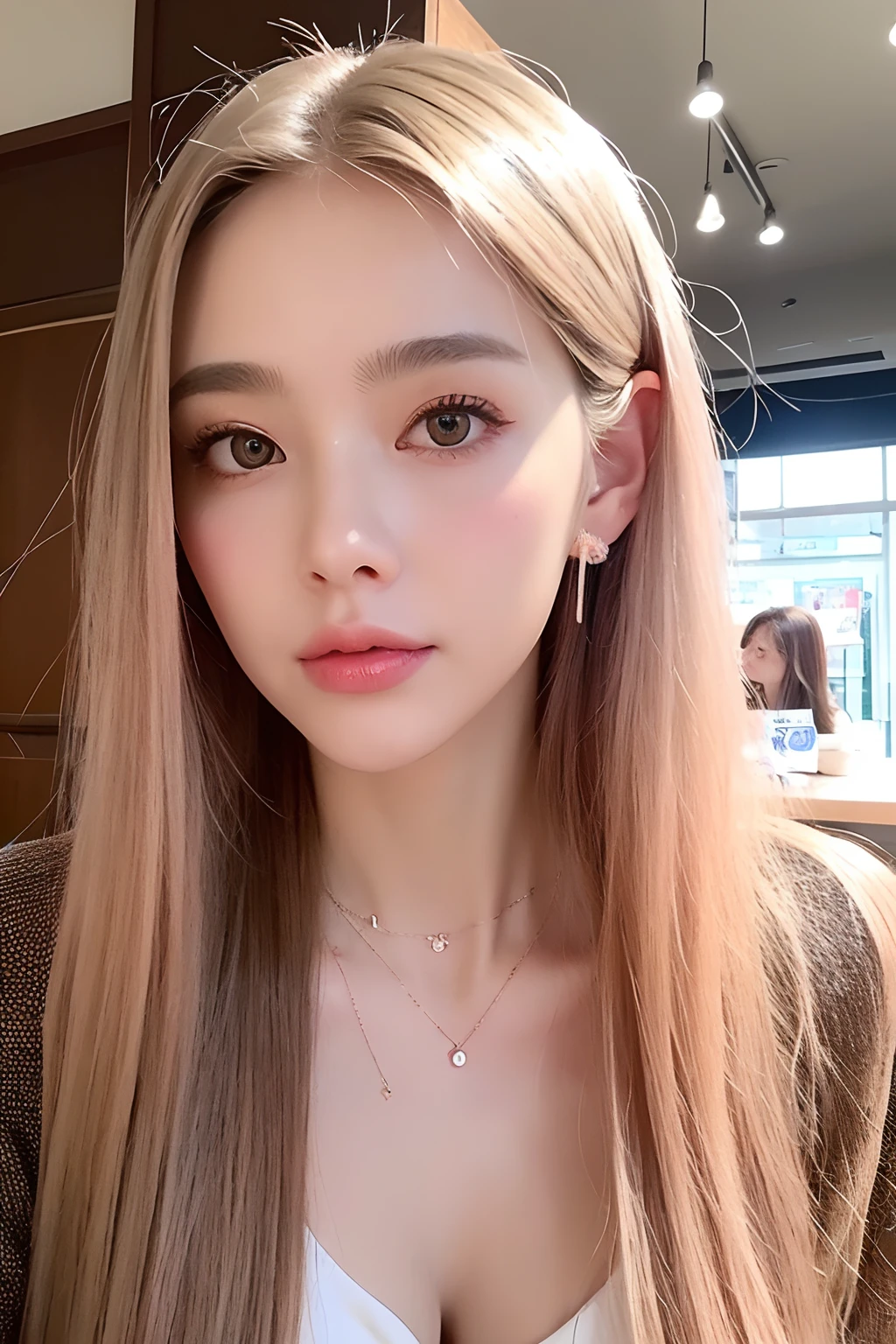 (extra detailed body、extra detailed face、best qualtiy:1.2)、femele、looking at the viewers、(Pink-beige hair color、Fancy piercings、a necklace)、(Inside the café)