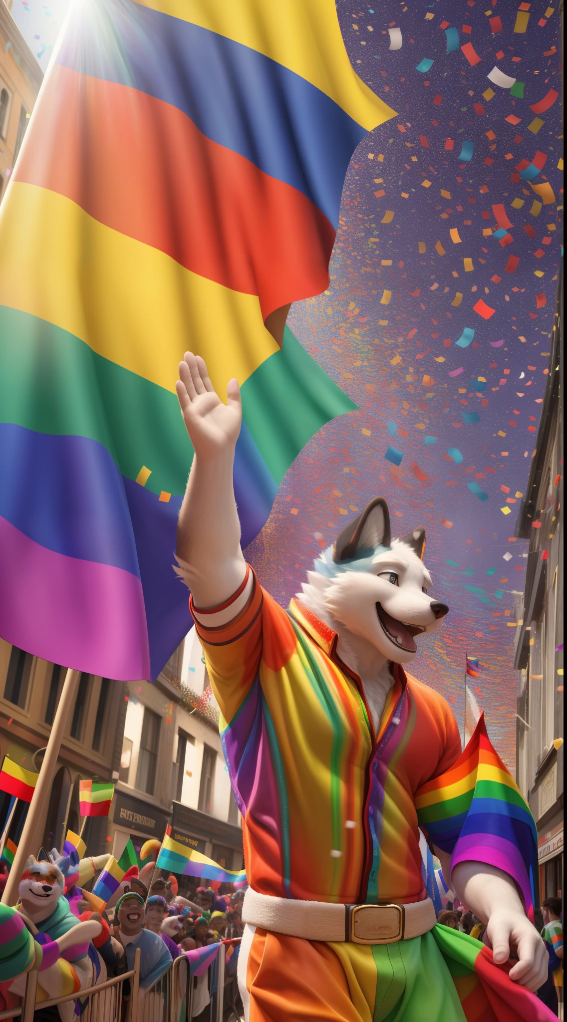 (best quality,4k,8k,highres,masterpiece:1.2),ultra-detailed,(realistic,photorealistic,photo-realistic:1.37),A hot male furry celebrating the gay pride parade,beautiful detailed eyes,sexy eyes,LGBT shirt,vibrant colors,rainbow colors,joyful expression,proud stance,body covered in fur,tail waving in the air,crowds of people laughing and cheering,street filled with colorful decorations,festive atmosphere,parade floats with creative designs,confetti falling from the sky,dancing to upbeat music,paw reaching out to greet others,pride flag in background,sparkling sunlight casting a warm glow,furry costume with intricate details,beaming smile,happiness and unity,captivating presence,flamboyant style.