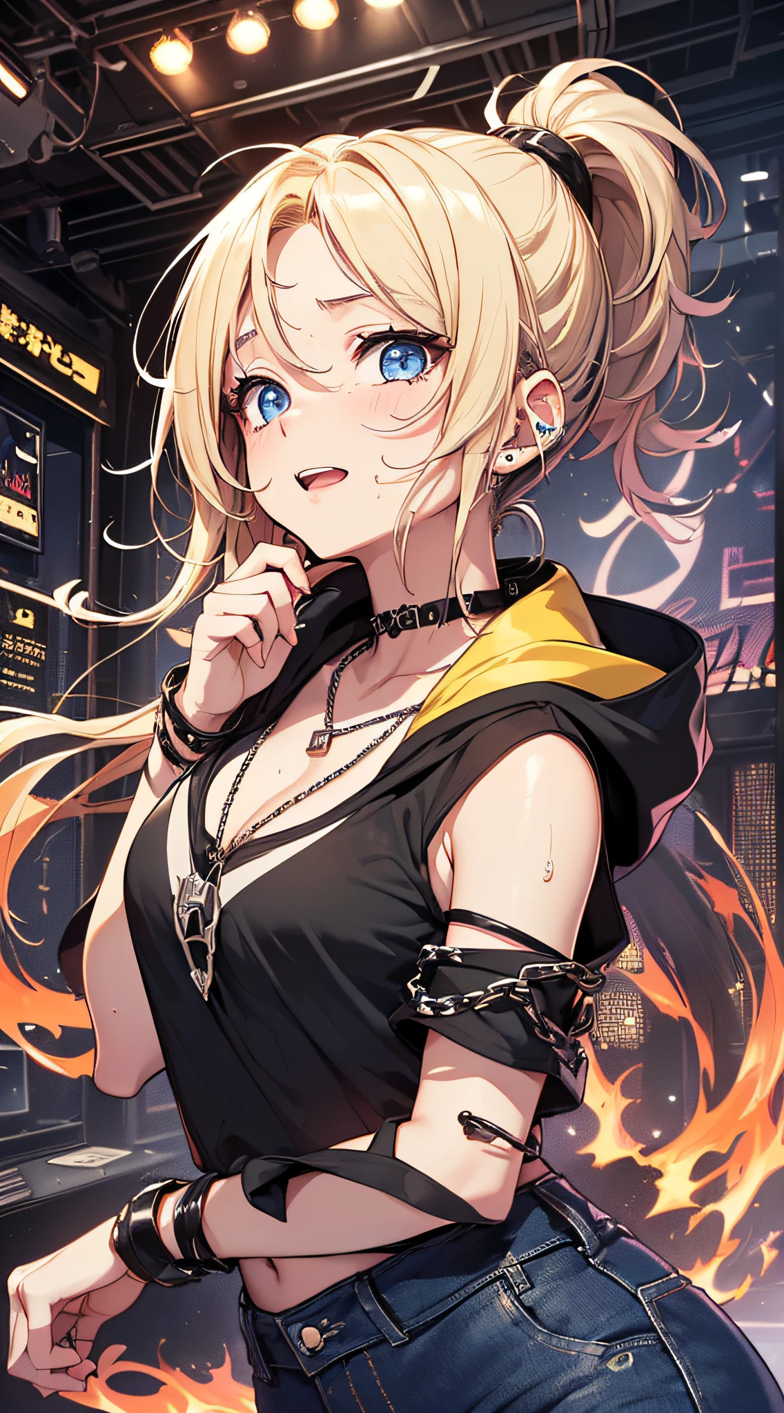 top-quality、Top image quality、masterpiece、girl with((18year old、tatteredclothing、Black tank top、Black short-sleeved hoodie、White pants、Best Bust、Bust 85、a blond、disheveled ponytail、Blue Eyes、open chest wide、Happiness、Sweating、Chain Accessories、dance))hiquality、visualart、Background with((live house、knight、Combustion Renditions、Laser Pointer))、masutepiece