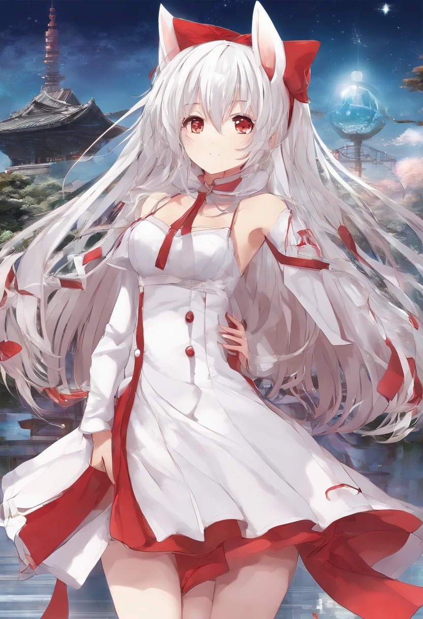 1girl in, (shapely body), (Solo),20yr old, Long ,white  hair,Looking at the camera,Red dress,Red cable,Red plug,cyberpunked,Is Gochuumon a rabbit？