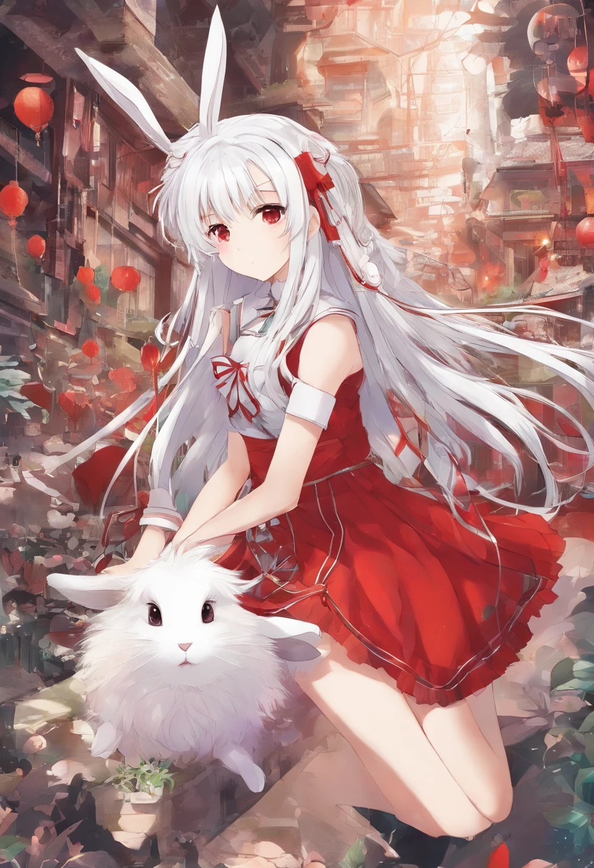 1girl in, (shapely body), (Solo),20yr old, Long ,white  hair,Looking at the camera,Red dress,Red cable,Red plug,cyberpunked,Is Gochuumon a rabbit？