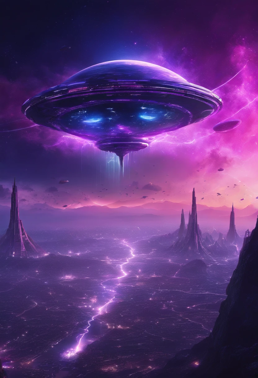 Futuristic alien spaceships flying abovethe space Nova planets and xlouds, dark sky, purple lighting, rain,lightning, hyper realistic, highly detailed,8k