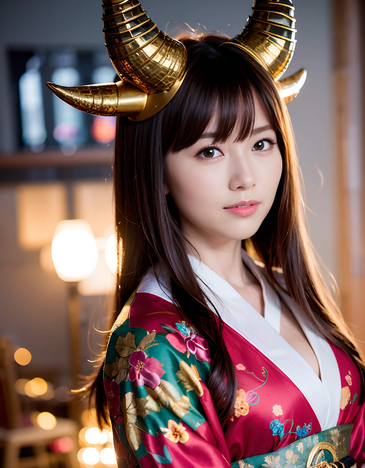 ((World of Darkness)),Professional , masterpiece、top-quality、photos realistic , depth of fields 、Dark Fantasy、(Ultimate Beauty)、(shooting stars:0.9)、(nebulas:1.3)、A dark-haired、(White bikini armor)、(Mystical expression)、(The fox has five tails)((Fight dragons)),(Wear a beautiful kimono),(Wear a beautiful kimono with colorful floral patterns)、Jewel Gold Weapon、Particles of light),(Has a devil's mask)、Gorgeous gold weapons ,(( Gorgeous Dragon Sword)) , (Fox Mask),,(maikurobikini) 、((Black Haired Beautiful Girl))、(Castle background)、(demonic wings)、((Gangle's forest background))、Beautiful Caucasian beauty、1a person、dynamic ungle,(((Two devil's horns on the head)))、Smaller head、Idle Smile、Thin and beautiful female hands、Mystical expression、Light Effects、intense fighting、Wind-effect、magic circles、With the legendary magic wand、Dragon's tail、