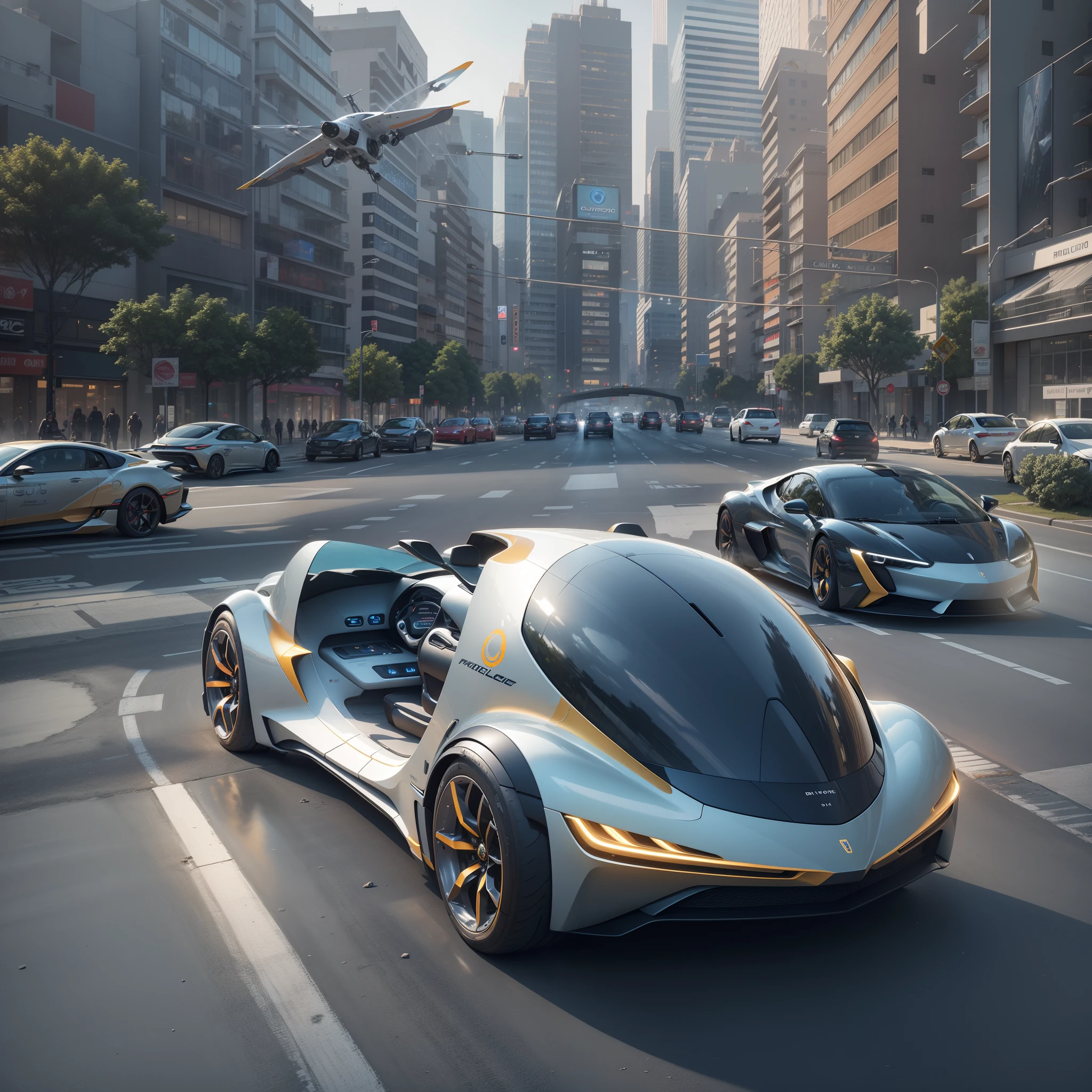 cutting edge technology, smart city in 2050, flying self-driving cars, futuristic tireless cars, sports cars, nitro EV engine, future, high definition, high quality, cinematic, photorealistic, masterpiece