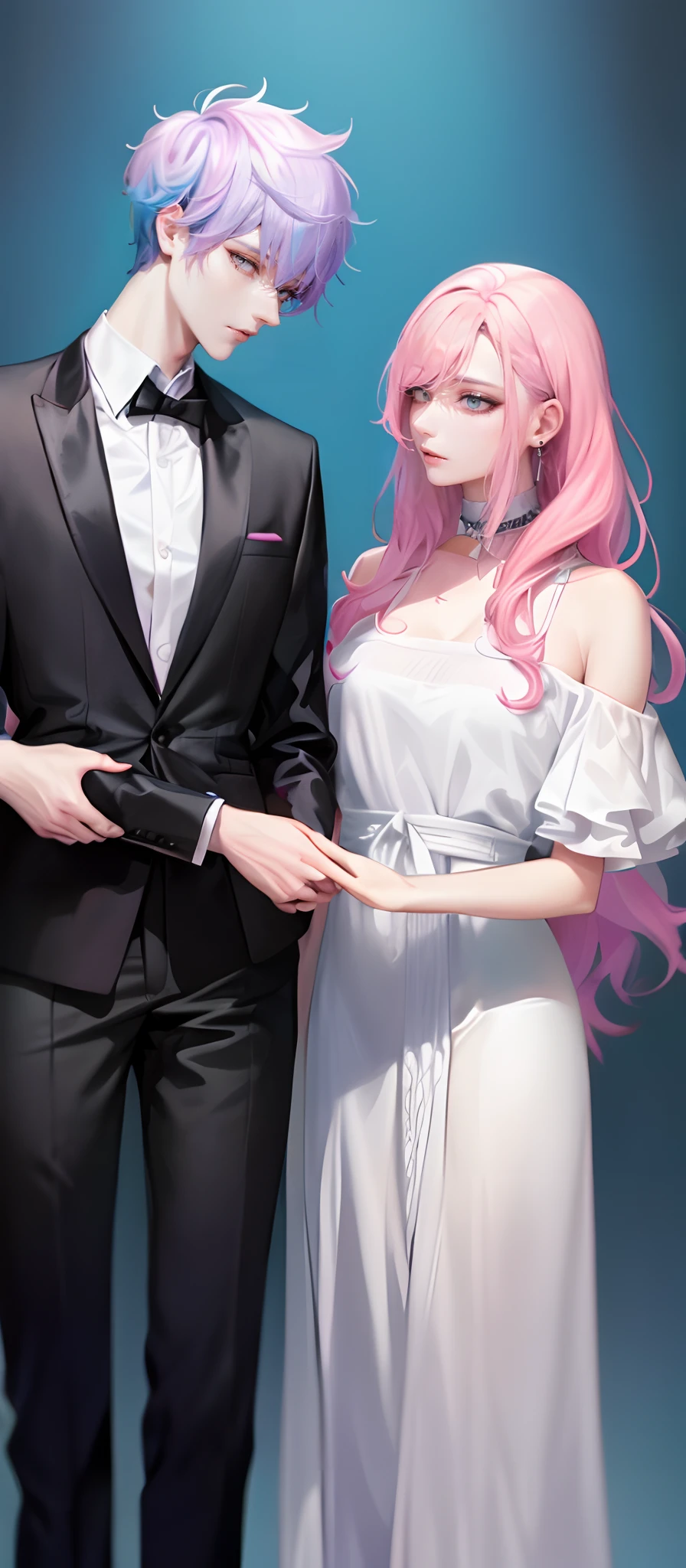 ((Male and female couples)), Idol Photos, Magazine covers, Photos of actors, Professional Photos, Height difference, tall male, Happiness, youthfulness, extra detailed face, detailed punk hair, very detailed character, inspired by Sim Sa-jeong, Cai Xukun's, detailed realistic faces, highly detailed realistic face, high detailed face anime, realistic detailed face, Accurate detailed face, attractive androgynous humanoid, Cool Korean fashion in black and white, ((Man with light blue hair)), ((Woman with pink hair)), ((Woman with long hair below waist)), ((Man with short hair over ears)), ((Pink hair woman with gentle expression)), ((Man with light blue hair with wild expression)), high-level image quality, ​masterpiece, Photographed so that the whole body can be seen, Photographed to make clothes look beautiful, Take your eyes off, ((two individuals)), ((British couple))