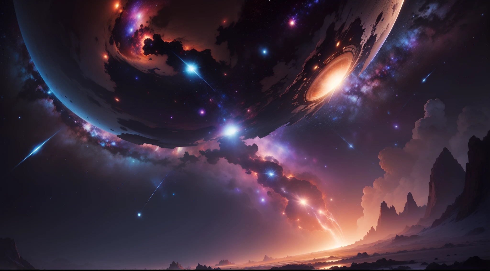 Papel de parede Galaxy com tonalidade alaranjada, ArtStation Obra-prima, space, Planetas, estrelas, piso, Terrestrial explosions, Realistic
