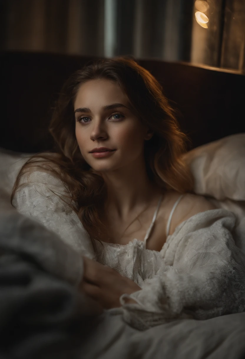 (masterpiece, best quality:1.1), (a selfie of a 1 young sexy teen girl, shot with an iPhone), (nphot, night, dark room, no lights:1.1), (pale skin, skinny, short brown fair, messy hair, white t-shirt, black thong, lies on the bed, head on the pillow), (top view, top angle:1.1), (detailed skin, detailed skin texture:1.1), POV, looking at the viewer