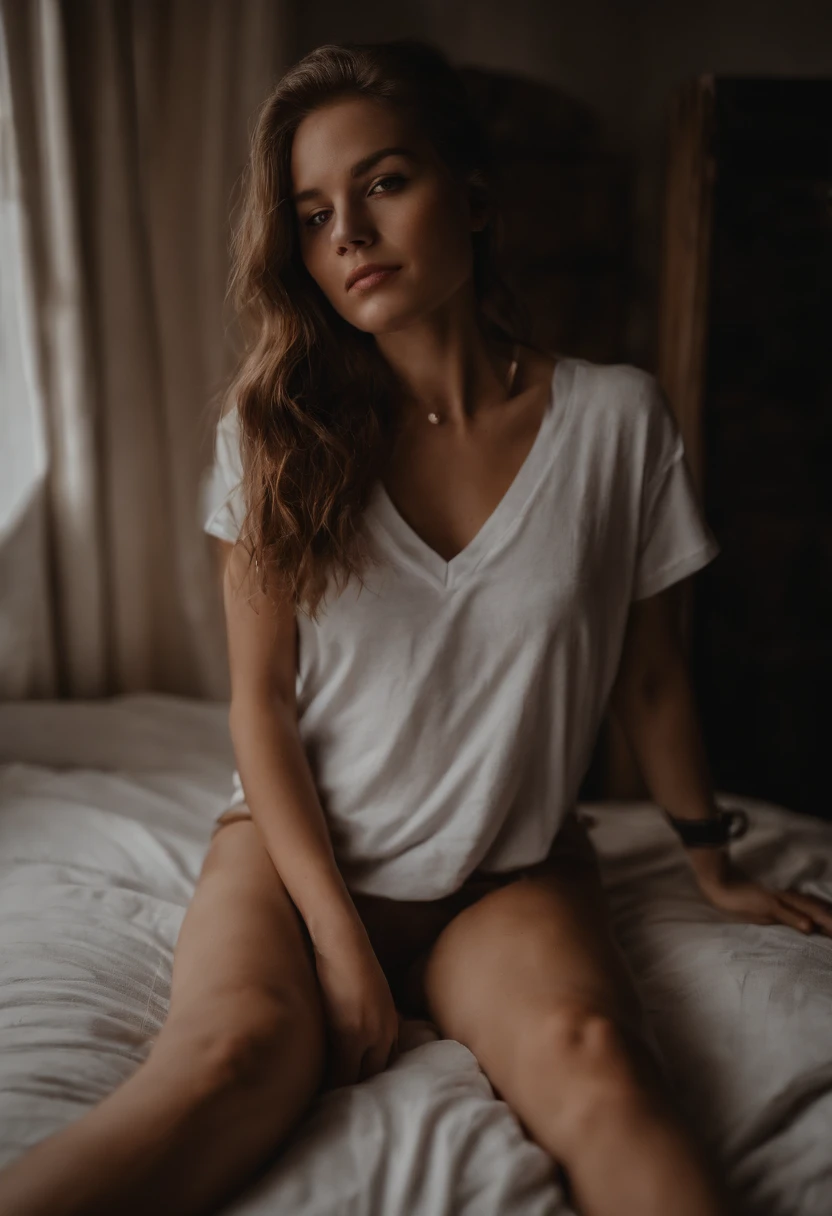 (masterpiece, best quality:1.1), (a selfie of a ung sexy teenl, shot with an iPhone), (nphot, night, dark room, no lights:1.1), (pale skin, skinny, short brown fair, messy hair, white t-shirt, black thong, lies on the bed, head on the pillow), (top view, top angle:1.1), (detailed skin, detailed skin texture:1.1), POV, looking at the viewer
