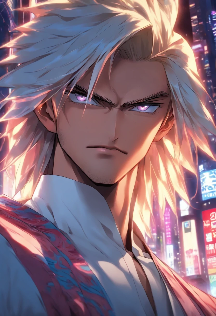 masutepiece, Highest Quality, (Solo Focus), (Perfect face:1.1), (high detailing:1.1),Dramatic, 1guy, (pale skin), long white hair, White eyes, Solo, Long hair, Moon, Night, white luxury suit, Covered navel, Pouty lips, Covered, Futuristic city, Detailed background, Art by Artgerm and Greg Rutkowski,  Cinematic lighting,