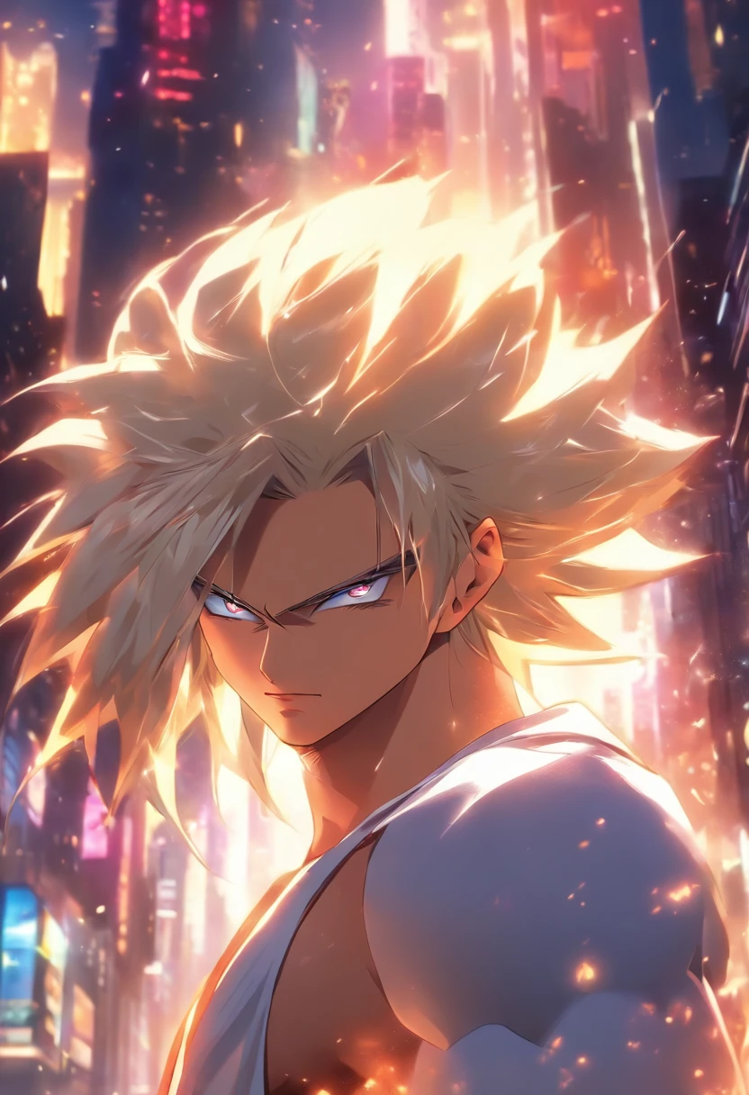 masutepiece, Highest Quality, (Solo Focus), (Perfect face:1.1), (high detailing:1.1),Dramatic, 1guy, (pale skin), long white hair, White eyes, Solo, Long hair, Moon, Night, white luxury suit, Covered navel, Pouty lips, Covered, Futuristic city, Detailed background, Art by Artgerm and Greg Rutkowski, Cinematic lighting,