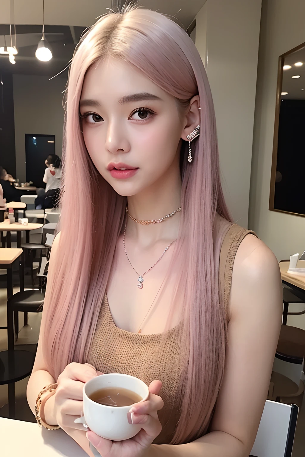 (extra detailed body、extra detailed face、best qualtiy:1.2)、femele、looking at the viewers、(Pink-beige hair color、Fancy piercings、a necklace、Drinking bracelet tea)、(Inside the café)