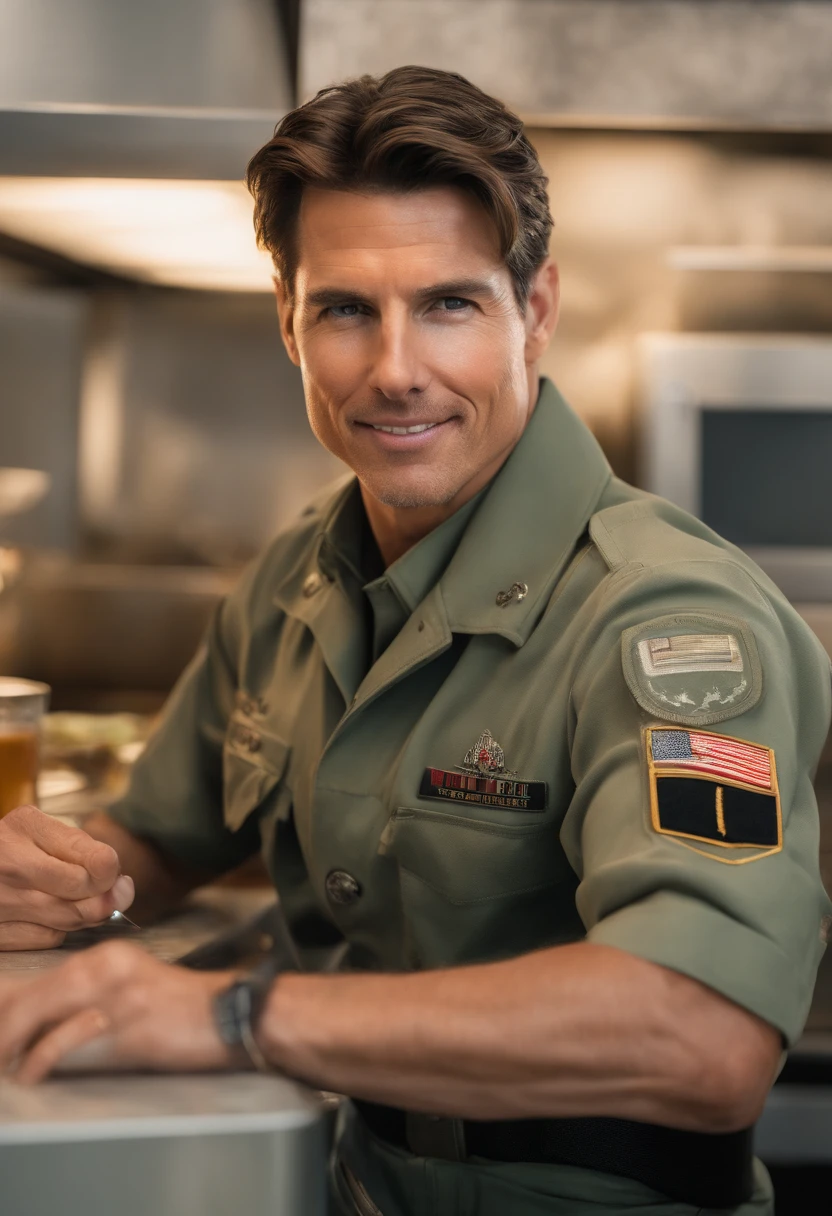 Cinematographer, ultra realista, 1hombre en una cocina, Cara hermosa, toma de cuerpo completo, Ropa detallada, Bellamente detallado, Ojos y cara extremadamente detallados, hermosos ojos detallados, (UHD, HDR, Altas Resoluciones, ultra detallado, Detalles intrincados, Efectos texturales, absurdos, obra maestra, 8k:1.2) Tom Cruise como pete mitchell in Top Gun movie, vestido como Pete Mitchell (traje militar de la USAF) cocinando cebiche peruano en un restaurante, medio cuerpo, XF IQ4, 150MP, 50mm, ISO 1000, 1/250s, luz natural, Adobe Lightroom, Photo Lab, Foto de afinidad, PhotoDirector 365