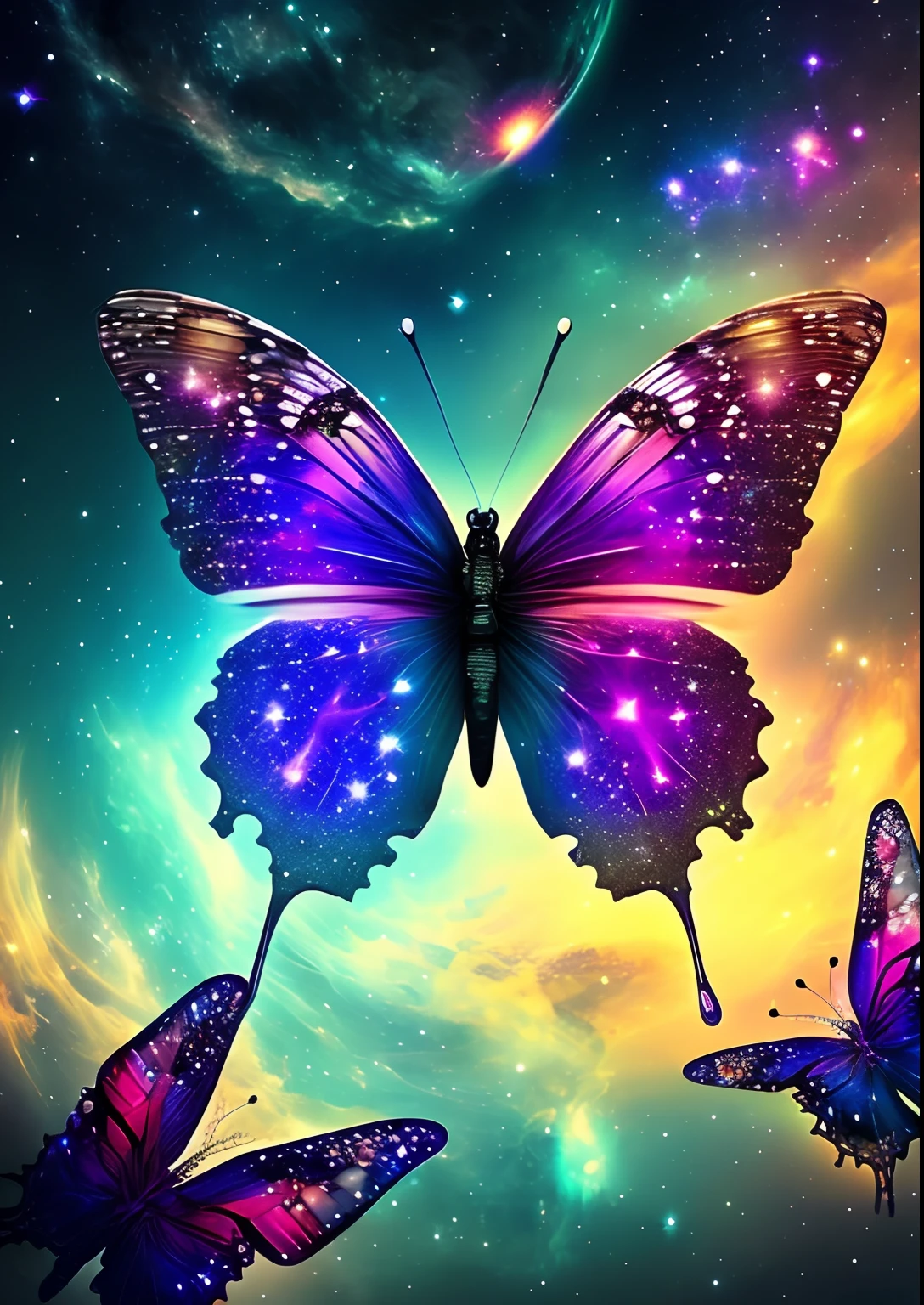 dreamlikeart, galaxy, outer space, nebula, star, [cyberpunked] Butterflies from the stars (star:1.5),
