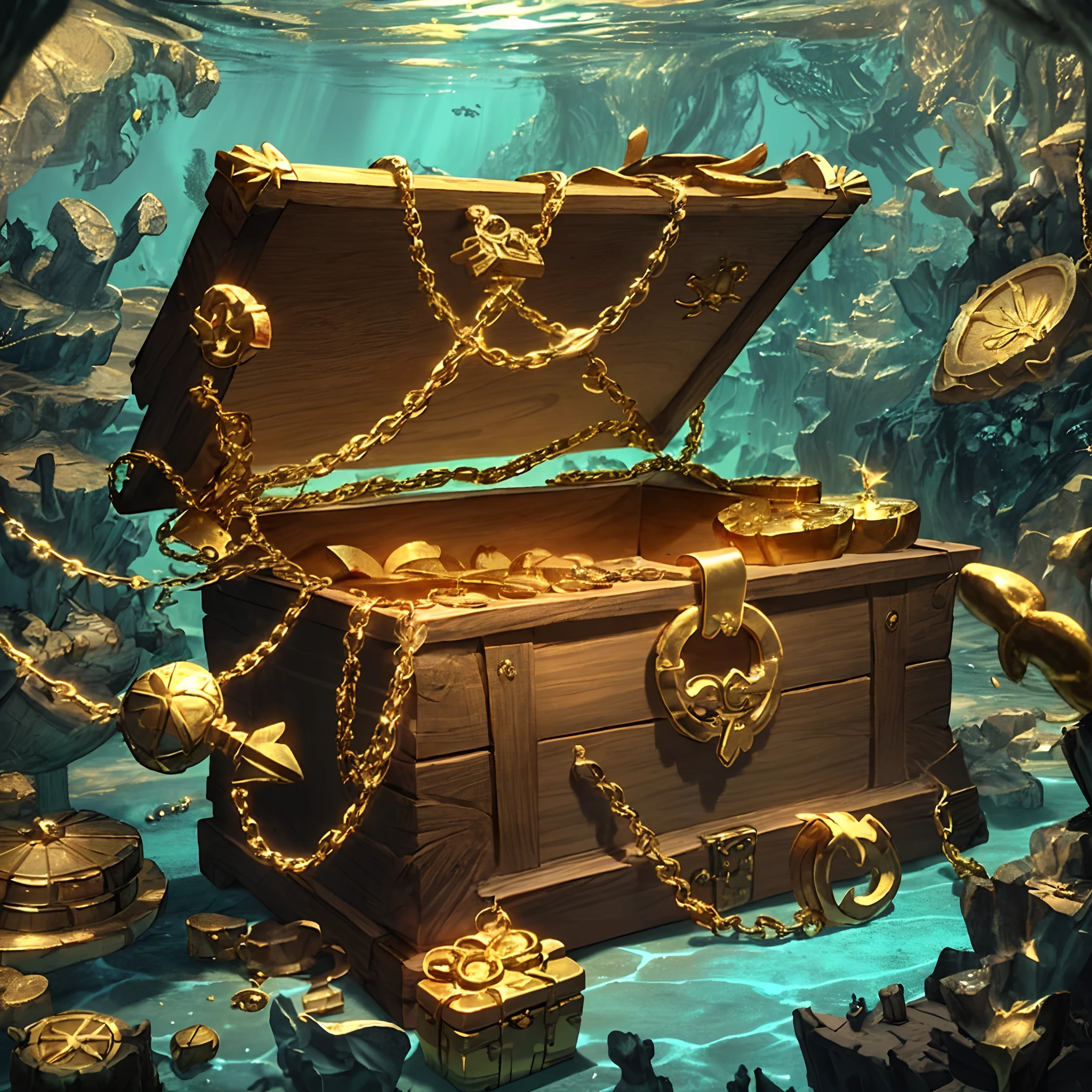 There is a wooden chest with a gold chain around, gold and treasure, treasure chests, Hide a large treasure chest, treasure chests, Look at the treasure chest, front of the treasure box, Treasure, Gold Treasures, Treasure Background, Treasure Artifacts, treasures, covered chest, on the ocean floor, under the water