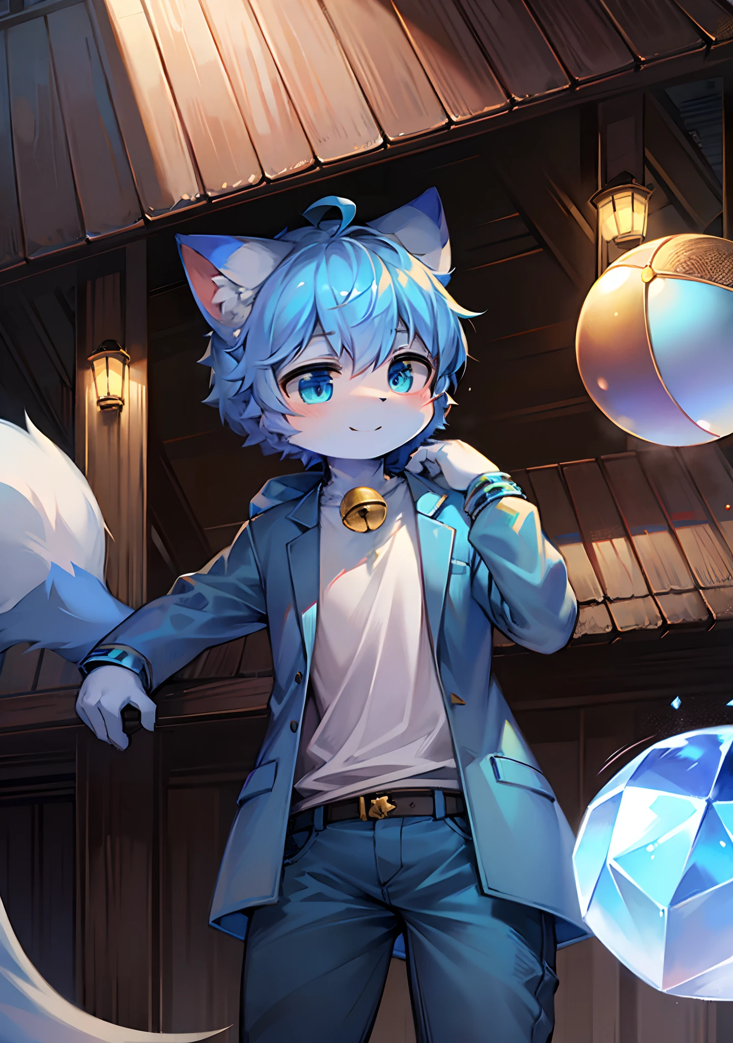 (Prophet Boy: 1.3), Wooden House, Crystal Ball, Sky Blue Short Hair, Ahoge, Bell, (Furry + Cub), (Cat Ears + Big Fluffy Tail + Sky Blue Cat Type) Details, Smile, Full Sense of Photography, Masterpiece, HD, Portrait, (Wind + Flying Hair) Element Depiction, (Sky Blue Coat: 1.2), (Sky Blue Pants + White Shirt) Matching, Super Cute Face, (1024x1024:0.7) Detail Output.