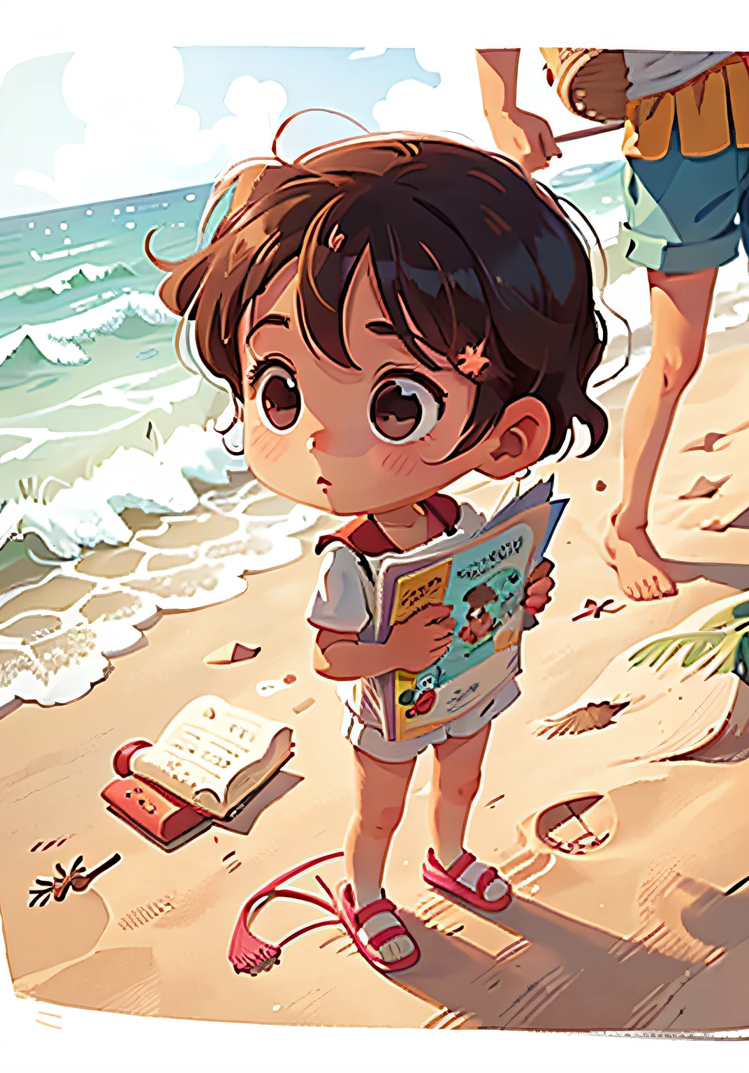 Cartoon picture close-up of a child on the beach, on the beach, standing at the beach, in beach, ???, Have by the sea, in the beach, Body parts, Body parts are everywhere, Girl, Detailed picture, beach, textbook illustration in clolour, jen zee, Girl on the beach, Children\'s book drawing, Seaside