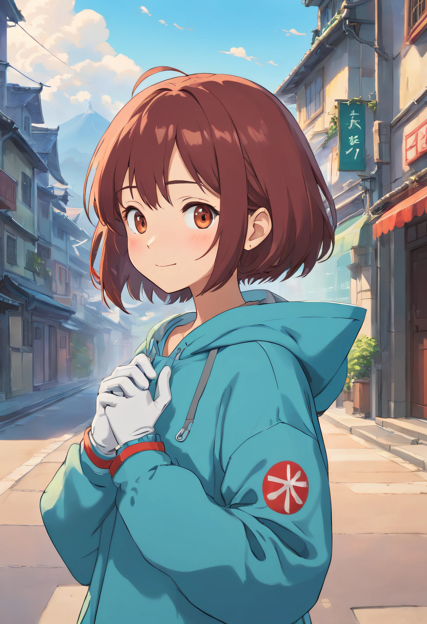 master work, best qualtiy, detaileds, yui, 超A high resolution, 1girl in, cityscapes, depth of fields, low, Pose Seductive, Chest curtain, gloves, smiling, careful, compassionate, interact, Friendly, The warm, short-haired, medium breasts, Beautiful brown eyes, décolleté, perspiring, Redness, hard breathing, Urban clothing, Hoodie, surgical mask, Medical gloves