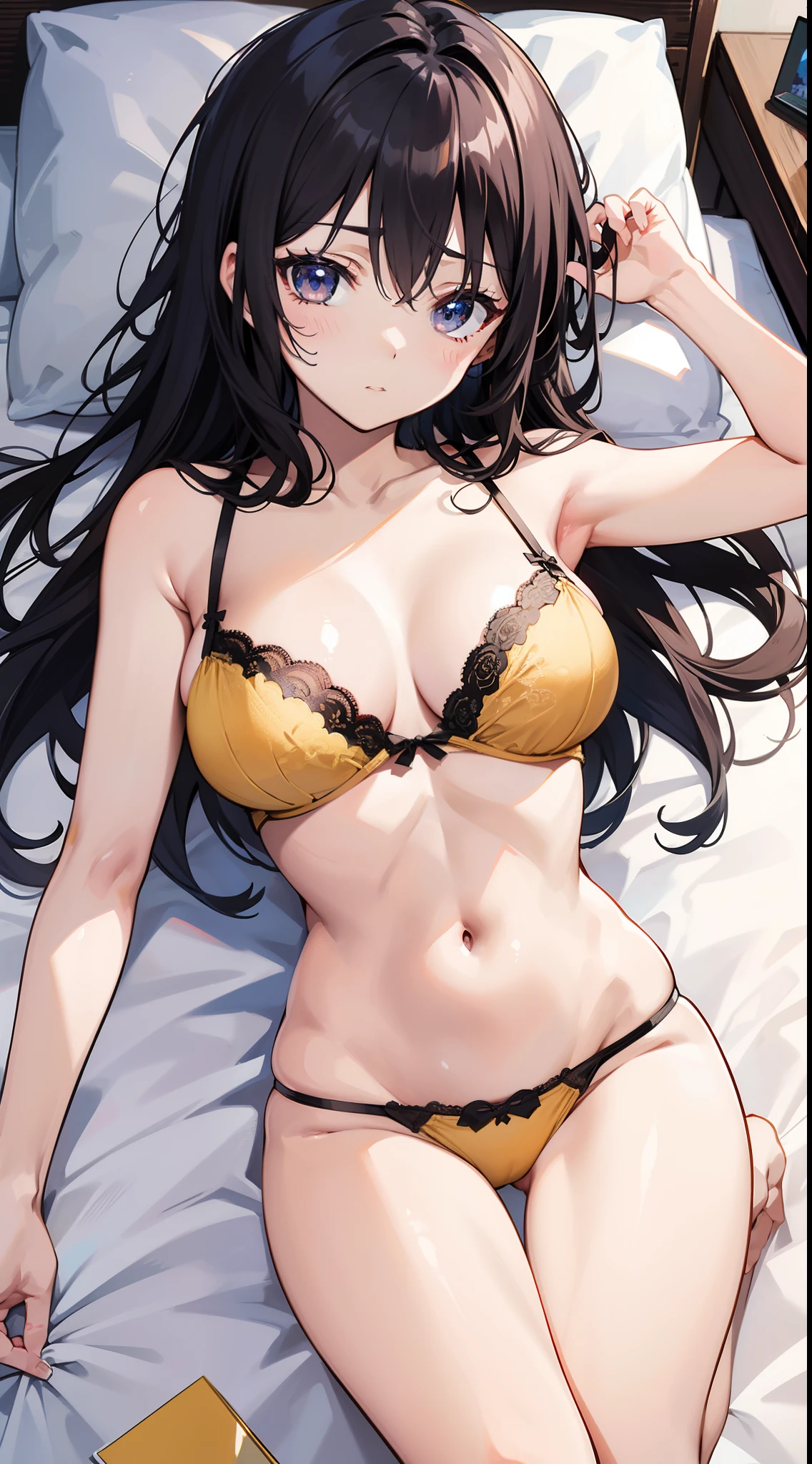 masutepiece、hight resolution、1girl in、in one's underwear only、Dark yellow lingerie、large full breasts、Lying on your back in bed、Cute anime illustration、