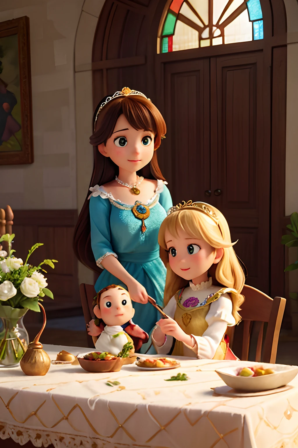 Disney Pixar cartoon style (high resolution: 1.2),Happy moment, medieval mother and three daughters, go shopping at village market, cheer, bunnies and duck, beautiful detailed eyes, lush green garden, long flowing hair, traditional medieval clothes, castle in the background, soft natural light, portrait, realistic colors, tranquil atmosphere, immaculate details, classic oil painting, antique style, a moment frozen in time, subtle brushstrokes, vibrant hues, serene expressions, bond of love between mother and daughters , graceful poses, sunlight streaming through the trees, meticulous attention to detail, expression of tenderness and care, impressive depth and scale, majestic architecture, storybook atmosphere, caring presence of the mother, sparkling jewels and headdresses, triumphant but tender, antique tapestries and decorations, floral motifs and embroidery, draped fabrics and textures, delicate lace and ruffles, sumptuous banquet table in the castle, playful interaction between daughters, jewel-toned stained glass windows, flowers blooming lushly, butterflies and birds flutter around, stories and mysteries revealed, an enchanting tale of love and family. cute face.