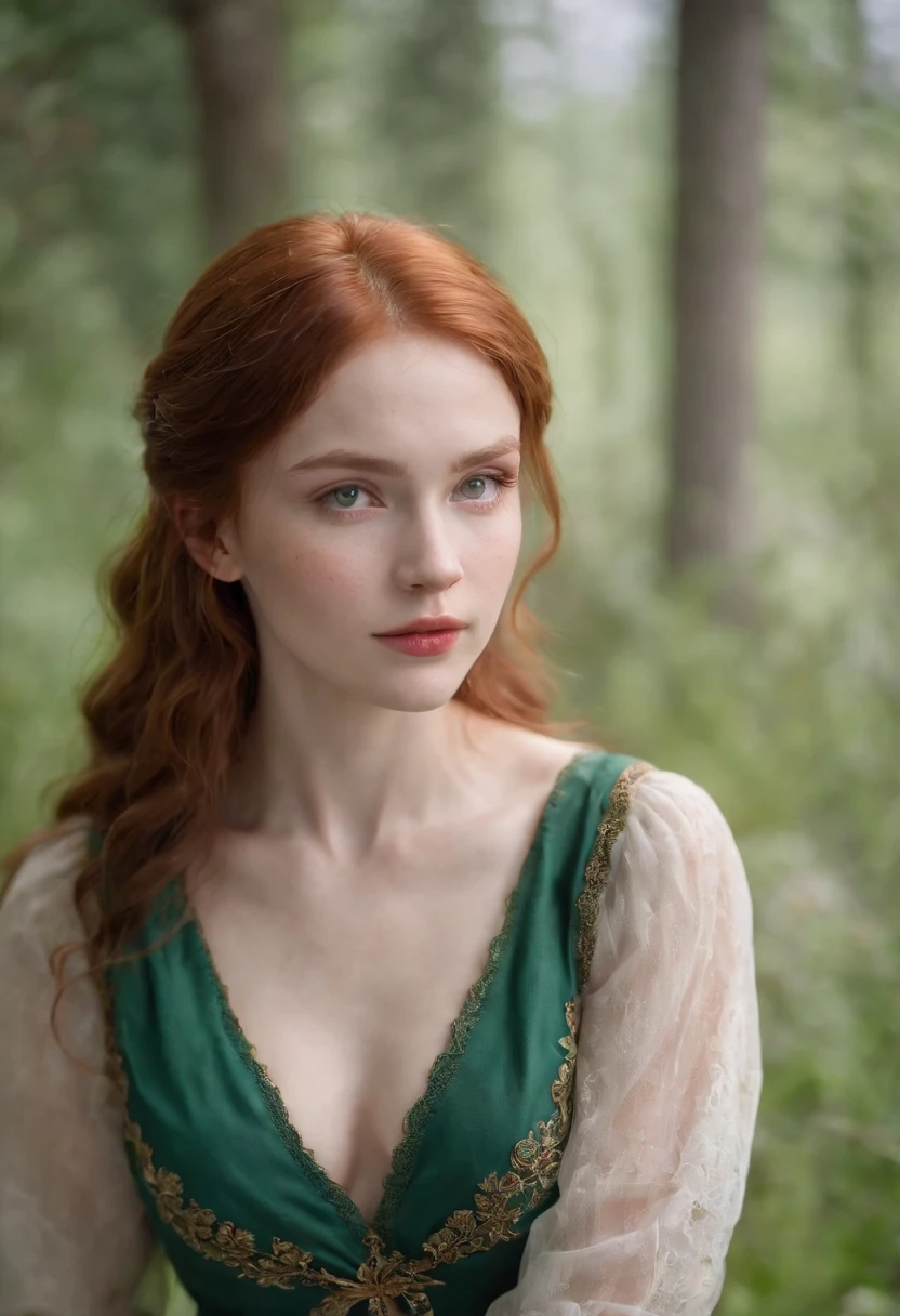 (((a deep reddish wound crosses her left cheek))) full body shot, fair complexion, woman around 19 years old, name Lyra, natural ginger hair, distinctive green eyes, wearing summer dress, no bra, slender and graceful, beautiful, slighlty sexually aroused, medium breasts, candlelight in a medieval setting, ultra sharp focus, realistic shot, tetradic colors (scar:1.4)
