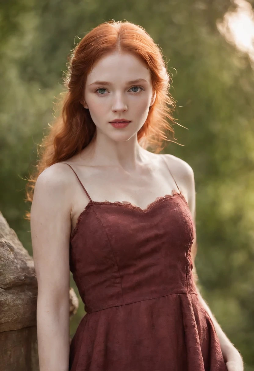 (((a deep reddish wound crosses her left cheek))) full body shot, fair complexion, woman around 19 years old, name Lyra, natural ginger hair, distinctive green eyes, wearing summer dress, no bra, slender and graceful, beautiful, slighlty sexually aroused, medium breasts, candlelight in a medieval setting, ultra sharp focus, realistic shot, tetradic colors (scar:1.4)