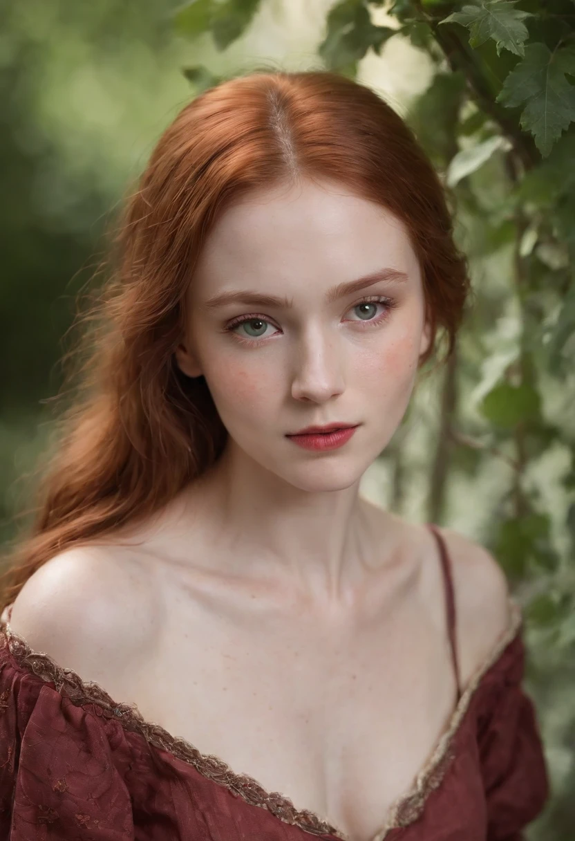 (((a deep reddish wound crosses her left cheek))) full body shot, fair complexion, woman around 19 years old, name Lyra, natural ginger hair, distinctive green eyes, wearing summer dress, no bra, slender and graceful, beautiful, slighlty sexually aroused, medium breasts, candlelight in a medieval setting, ultra sharp focus, realistic shot, tetradic colors (scar:1.4)