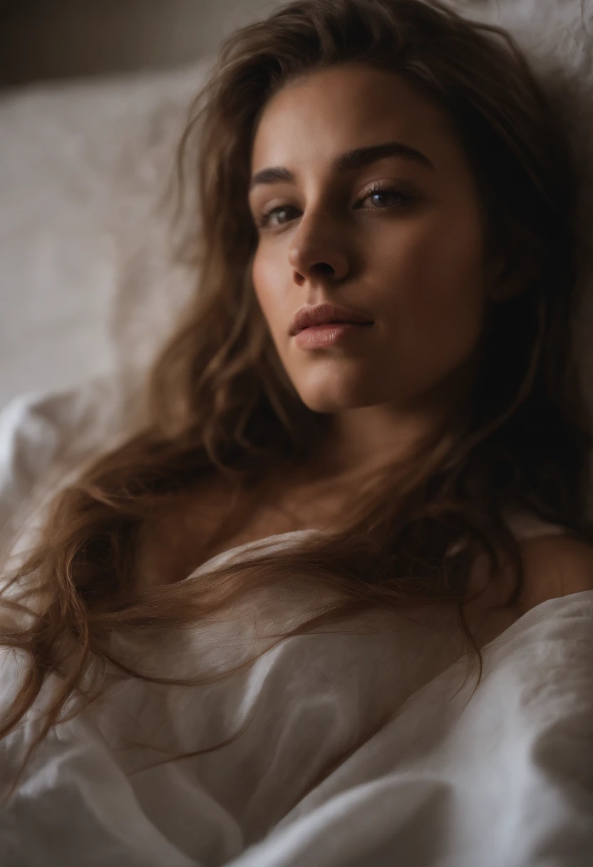 (masterpiece, best quality:1.1), (a selfie of a 1 young sexy girl, shot with an iPhone), (nphot, night, dark room, no lights:1.1), (pale skin, skinny, short brown fair, messy hair, white t-shirt, black thong, lies on the bed, head on the pillow), (top view, top angle:1.1), (detailed skin, detailed skin texture:1.1), POV, looking at the viewer,upper body