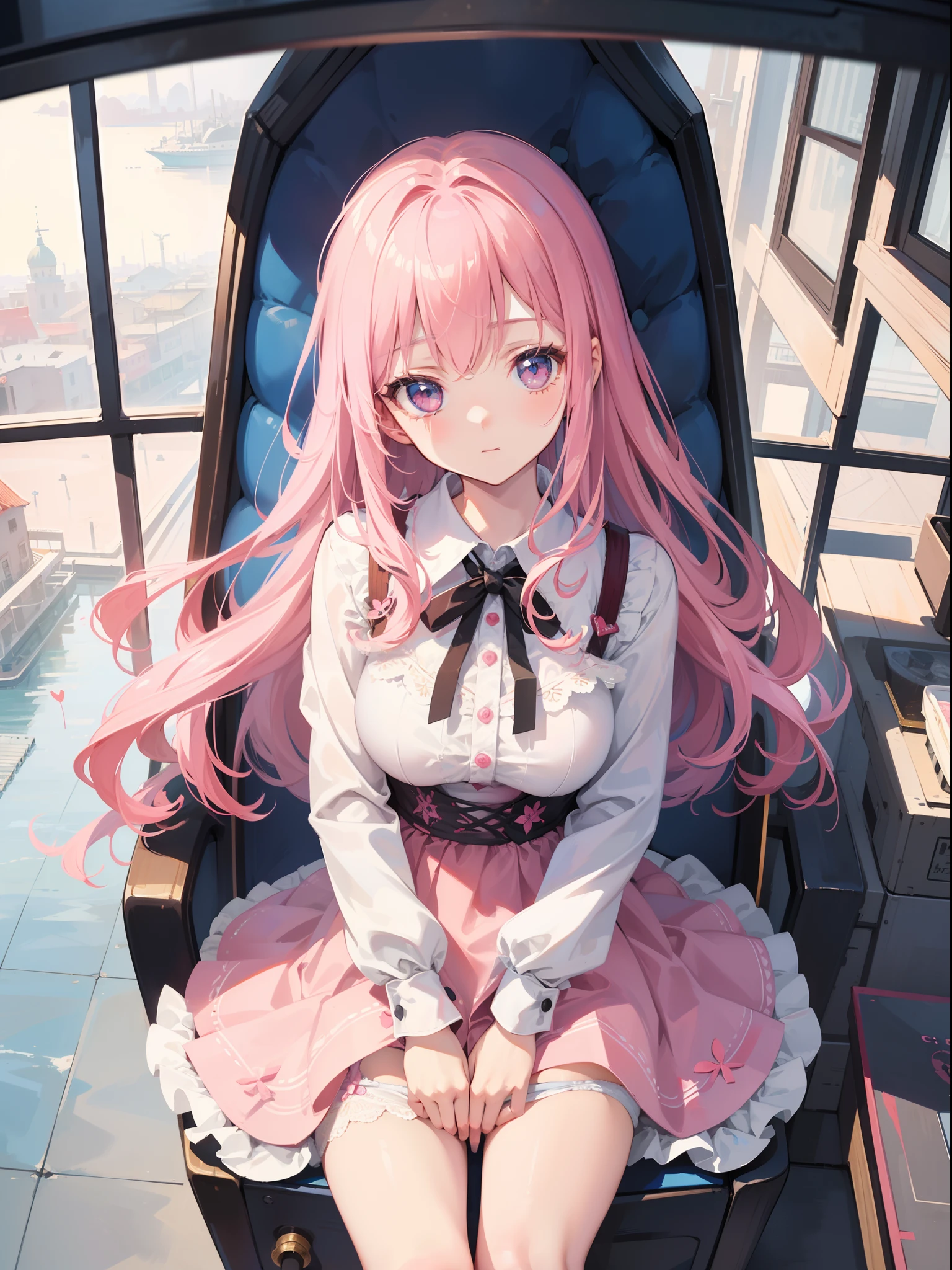 1 girl , sitting in the Ferris wheel, (lift up the skirt wi hands),(character focus), from above,POV,cowboy shot ,tilt head ,(panty shot), spoken heart, laugh ,dress, pale pink hair, tareme ,((masterpiece)), ((best quality)), ((ultra-detailed)), (illustration), ((an extremely delicate and beautiful))