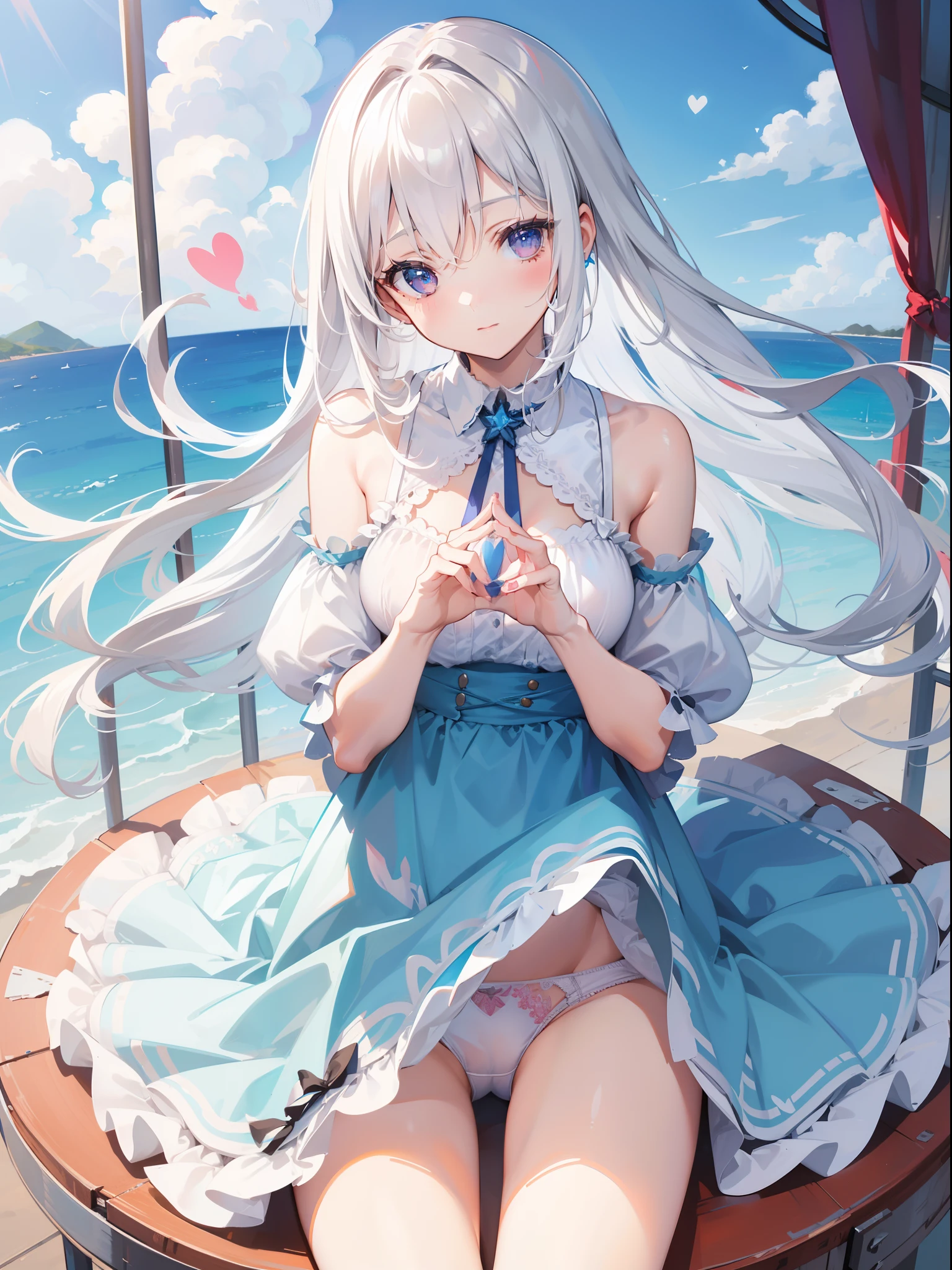 1 girl , sitting in the Ferris wheel, (show off her panties),(character focus), from above,POV,cowboy shot ,tilt head ,spoken heart, laugh ,dress, white hair, tareme ,((masterpiece)), ((best quality)), ((ultra-detailed)), (illustration), ((an extremely delicate and beautiful))