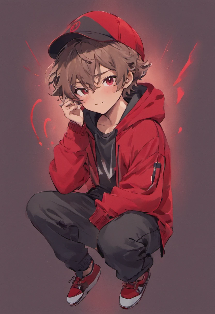 ((boy)),((dark brown light curly hair)), ((wearing grey hat)), ((hat type: bucket hat)), ((hat color: grey)), ((design on hat: simple white smiley face)), ((wearing grey bucket hat with a simple white smiley face )), ((brown hair)), ((race: Hispanic)), ((clothing: red hoodie)), ((wearing red hoodie)), ((nothing on red hoodie)), (( basic red hoodie)), ((pose: doing a peace sign with his hands)),((happy)), ((eyes closed)), ((smiling)), ((eyes closed because of smiling)), ((black pants)), ((gradient of red and black background))