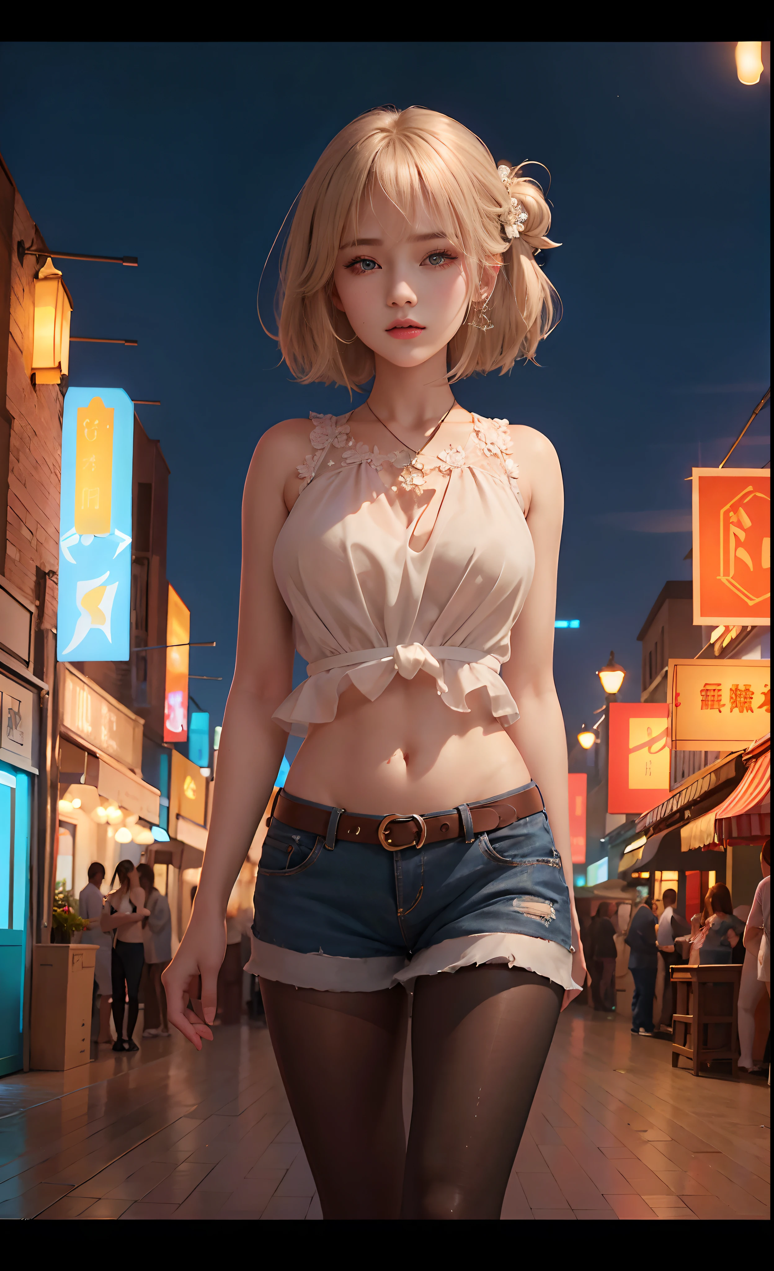 (topless), nsfw, masterpiece, magazine cover, 1 girl, erect nipples, las vegas, neon lights, nipples, high angle, intricately detailed, navel, necklace, holding smartphone, beautiful face, denim shorts, smiling, extremely detailed, photorealistic, octane render, 8 k, unreal engine. horse ears, horse tail, bare breasts, bare stomach, sweaty, detailed, cowboy shot, small breasts, puffy nipples, black belt, leg strap, hair ribbon, texts, sexy, shirtless, bare arms, hands on waist, short white hair, flat chest, slim waist, petite body, night, outdoors, desert, white hair, purple eyes