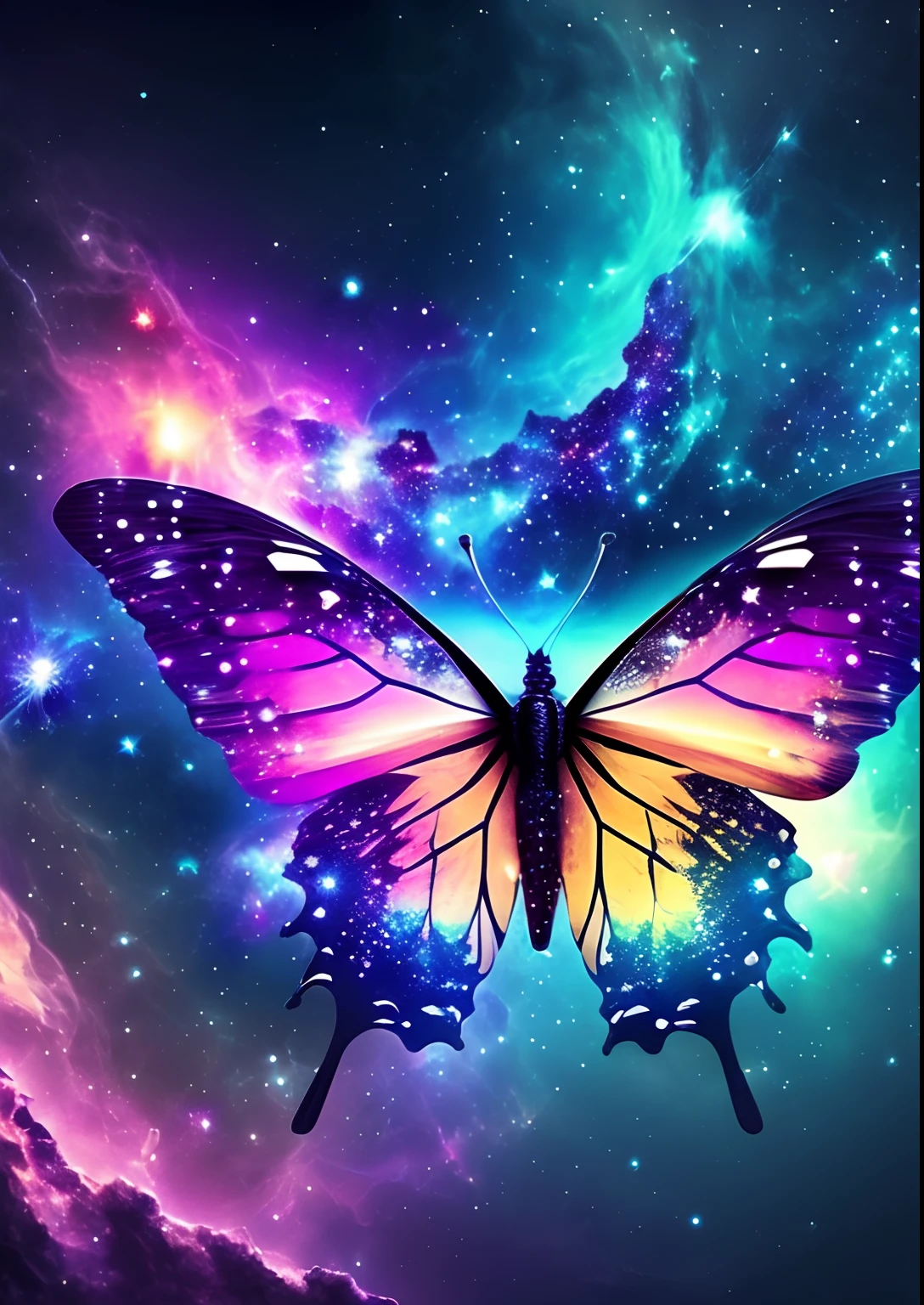 dreamlikeart, galaxy, outer space, nebula, star, [cyberpunked] Butterflies from the stars (star:1.5),