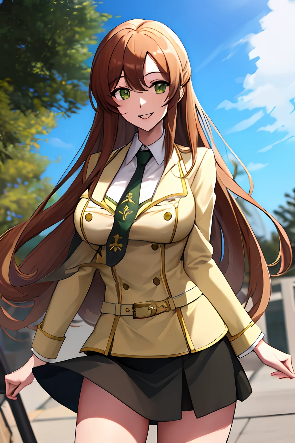 masterpiece, best quality, highres, hmshir, long hair, green eyes, school uniform, yellow jacket, black skirt, necktie, cowboy shot, outdoors, smile,