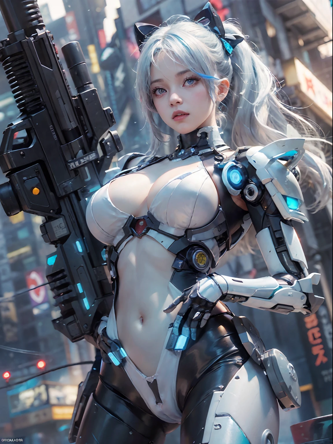 nsfw, 1girl, cyberpunk, mecha armor, mechanical, (masterpiece: 1.4), (8K, realistic, raw photo, best quality: 1.4), nipple areola shape clear, nude, Japanese girl, beautiful cute face, (real face: 1.4), perfect pussy, beautiful hairstyle, realistic blue eyes, beautiful detail eyes, (real skin: 1.3), beautiful skin, attractive, ultra high resolution, ultra realistic, off-sheller, night view, burning city, post apocalyptic world, cinematic lighting, white colored hair, long hair, twin ponytails, blue ribbons, weapon in hands, alien robots, futuristic fantasy, legs open, view from below, bottom view