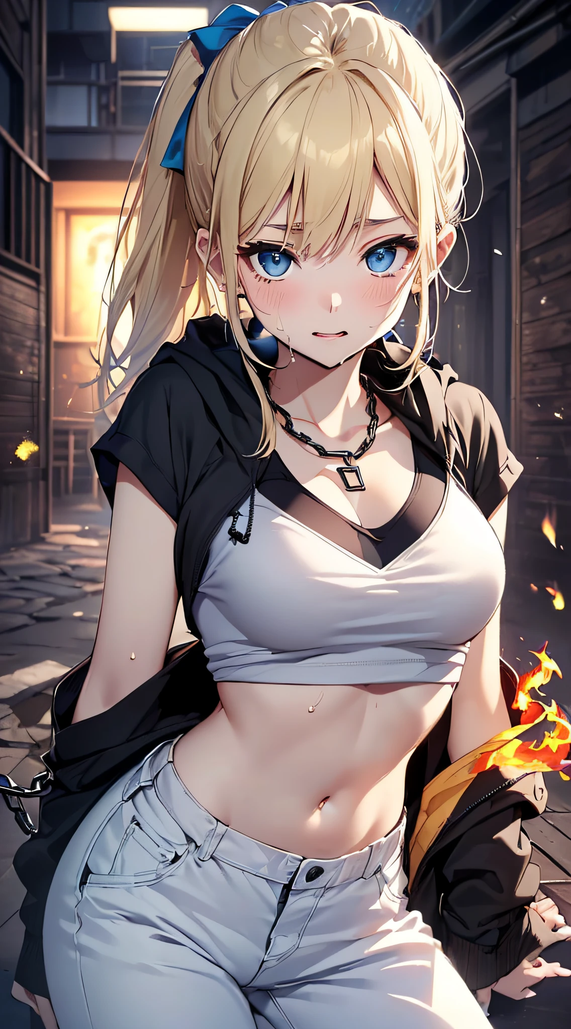 top-quality、Top image quality、masterpiece、girl with((18year old、tatteredclothing、Black tank top、Black short-sleeved hoodie、White pants、Best Bust、Bust 85、a blond、disheveled ponytail、Blue eyes、open chest wide、Happiness、Sweating、Chain Accessories、During the dance、お腹に♡のペイント))hiquality、visualart、Background with((live house、knight、Combustion Renditions、Laser Pointer))、masutepiece