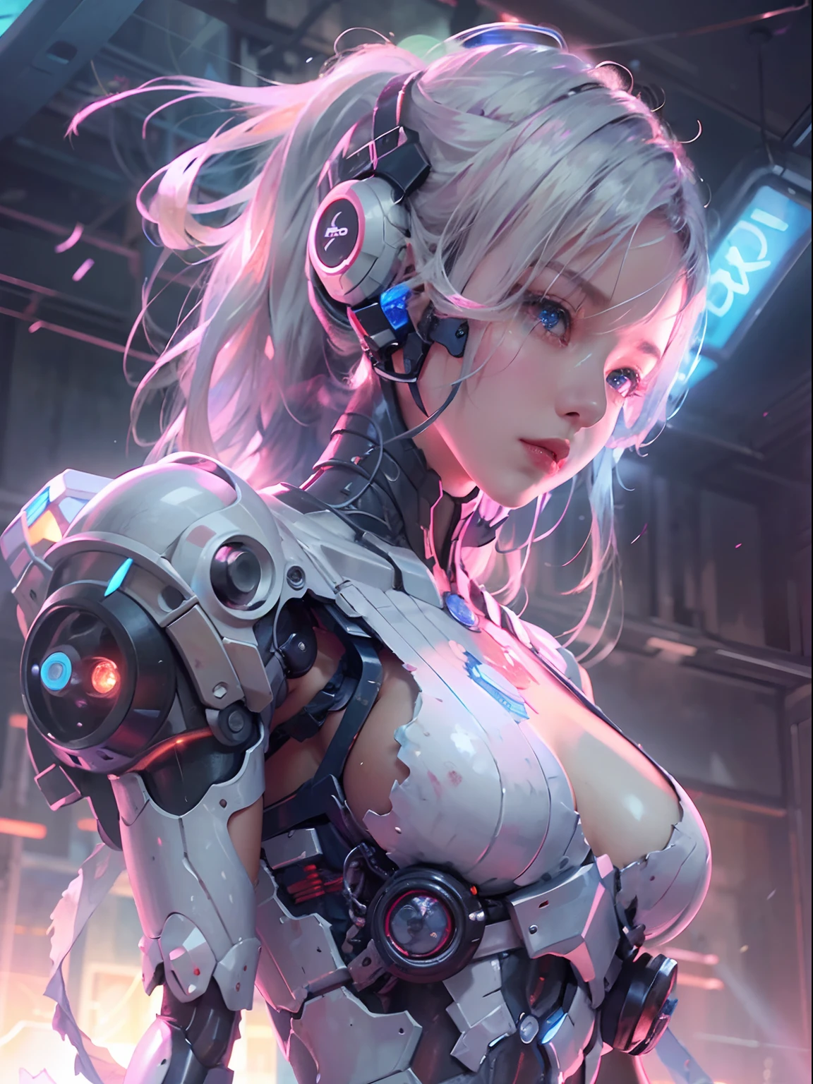 nsfw, 1girl, cyberpunk, mecha armor, mechanical, (masterpiece: 1.4), (8K, realistic, raw photo, best quality: 1.4), nipple areola shape clear, nude, Japanese girl, beautiful cute face, (real face: 1.4), perfect pussy, beautiful hairstyle, realistic blue eyes, beautiful detail eyes, (real skin: 1.3), beautiful skin, attractive, ultra high resolution, ultra realistic, off-sheller, night view, burning city, post apocalyptic world, cinematic lighting, white colored hair, long hair, twin ponytails, blue ribbons, weapon in hands, alien robots, futuristic fantasy, legs open, view from below, bottom view