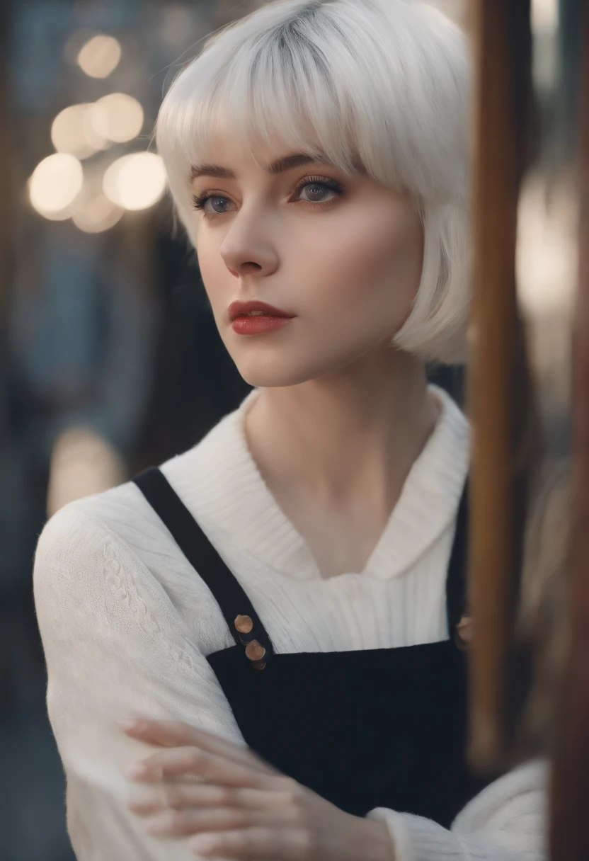 ((Masterpiece), best quality, HDR,UHD,8K), expressive eyes, perfect face, 1girl, solo, medium white bob hair with tiny pigtails and long side-swept bangs, black eyes, white skin, white sweater,