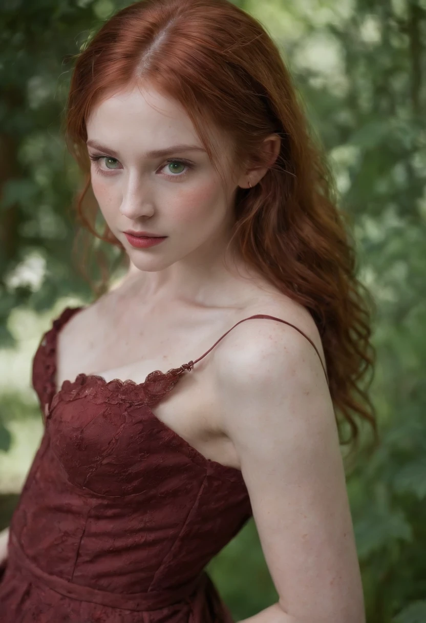 (((a deep reddish wound crosses her left cheek))) full body shot, fair complexion, woman around 19 years old, name Lyra, natural ginger hair, messy hair, distinctive green eyes, wearing summer dress, no bra, slender and graceful, beautiful, slighlty sexually aroused, medium breasts, candlelight in a medieval setting, ultra sharp focus, realistic shot, tetradic colors (scar:1.4)