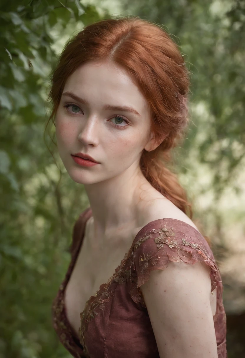 (((a deep reddish wound crosses her left cheek))) full body shot, fair complexion, woman around 19 years old, name Lyra, natural ginger hair, messy hair, distinctive green eyes, wearing summer dress, no bra, slender and graceful, beautiful, slighlty sexually aroused, medium breasts, candlelight in a medieval setting, ultra sharp focus, realistic shot, tetradic colors (scar:1.4)