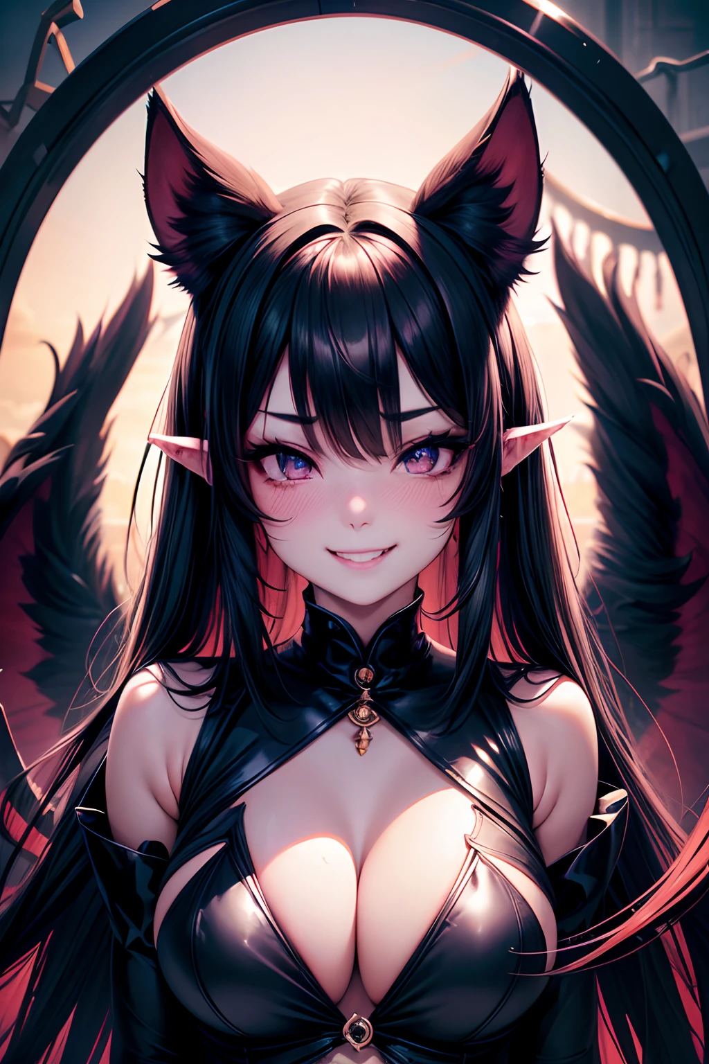 black hair, hair bobbles, wince, longeyelashes, solid circle eyes, fake animal ears, light smile, ear blush, fang, Surrealism, drop shadow, anaglyph, stereogram, tachi-e, pov, atmospheric perspective, 8k, super detail, ccurate, best quality