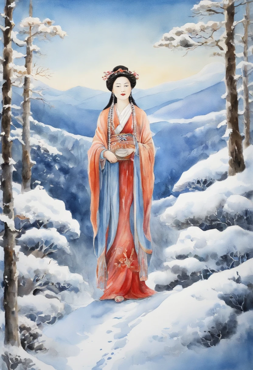 Kikurihime Hakusan, Goddess standing on snowy Hakusan mountain. Kikurihime's background is a cloudless blue sky。