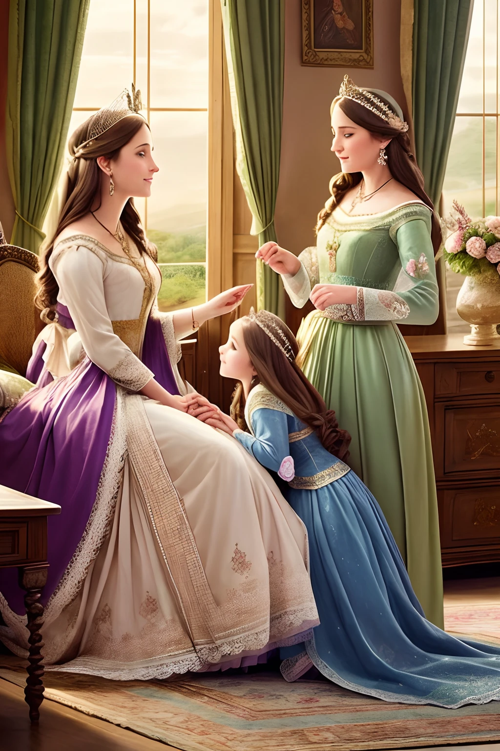 cartoon style (high resolution: 1.2),Happy moment, medieval mother and three daughters, go shopping at village market, cheer, bunnies and duck, beautiful detailed eyes, lush green garden, long flowing hair, traditional medieval clothes, castle in the background, soft natural light, portrait, realistic colors, tranquil atmosphere, immaculate details, classic oil painting, antique style, a moment frozen in time, subtle brushstrokes, vibrant hues, serene expressions, bond of love between mother and daughters , graceful poses, sunlight streaming through the trees, meticulous attention to detail, expression of tenderness and care, impressive depth and scale, majestic architecture, storybook atmosphere, caring presence of the mother, sparkling jewels and headdresses, triumphant but tender, antique tapestries and decorations, floral motifs and embroidery, draped fabrics and textures, delicate lace and ruffles, sumptuous banquet table in the castle, playful interaction between daughters, jewel-toned stained glass windows, flowers blooming lushly, butterflies and birds flutter around, stories and mysteries revealed, an enchanting tale of love and family.
