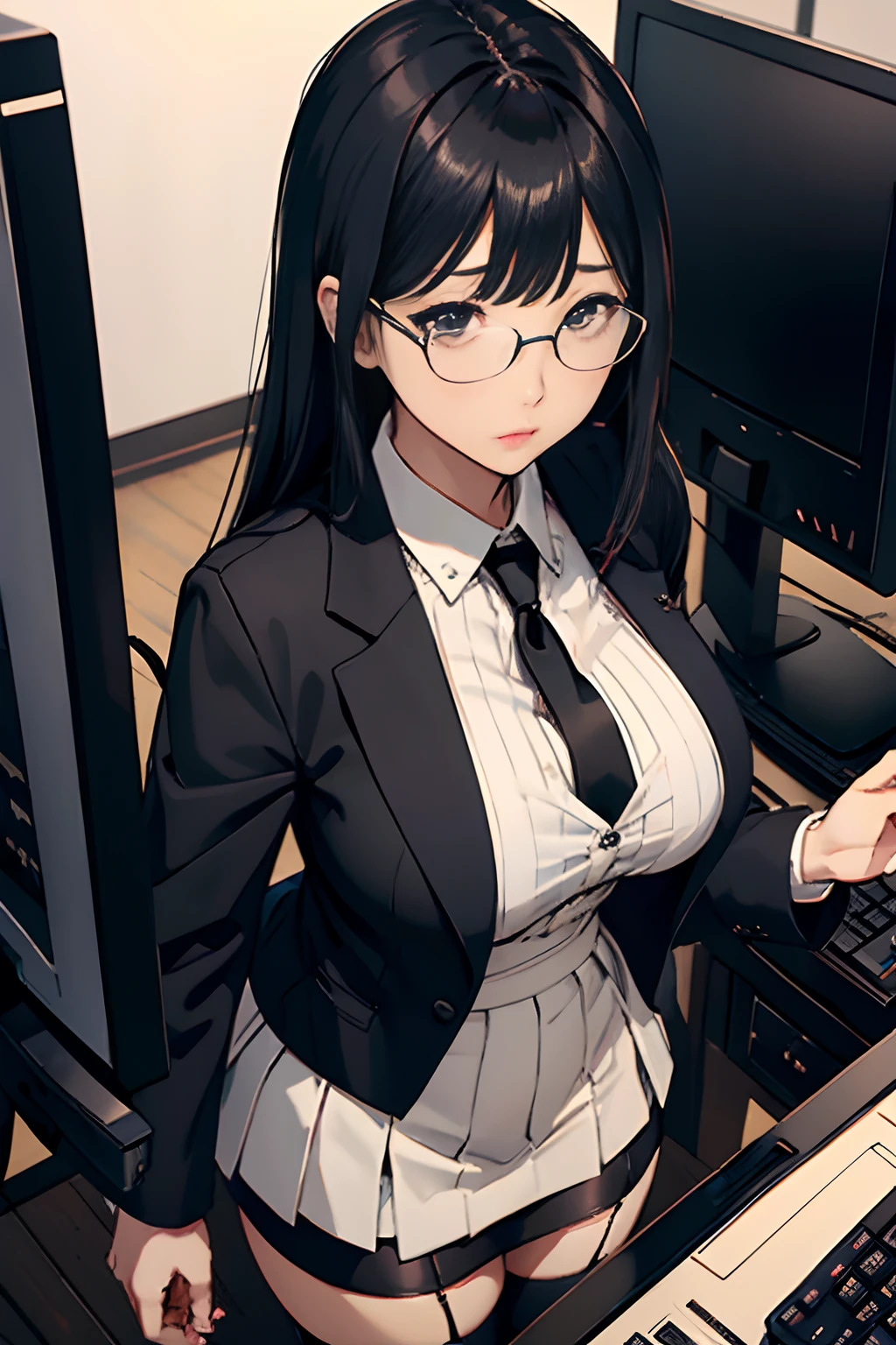 japanes、OL 、A dark-haired　long、eye glass、Beige tight skirt、Ren Hao　Black stockings、Lace black bra、Open white blouse、Stripes　Black suit jacket、Colossal tits、low angles、Ren Hao　Blue T-back、Panchira、Company Rooms　meeting room